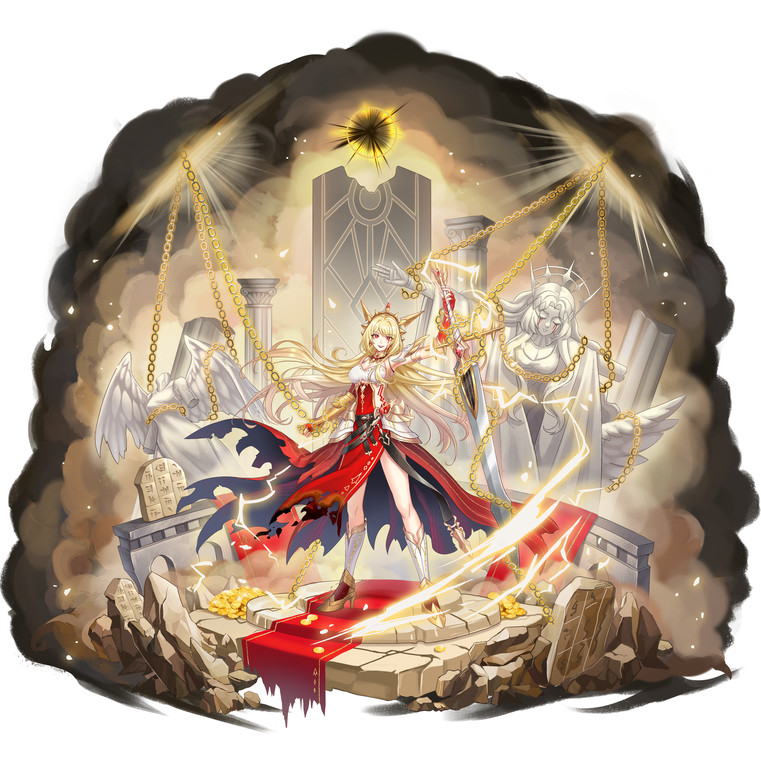 Blonde woman with red eyes and sword, chains, aura star HD Wallpaper