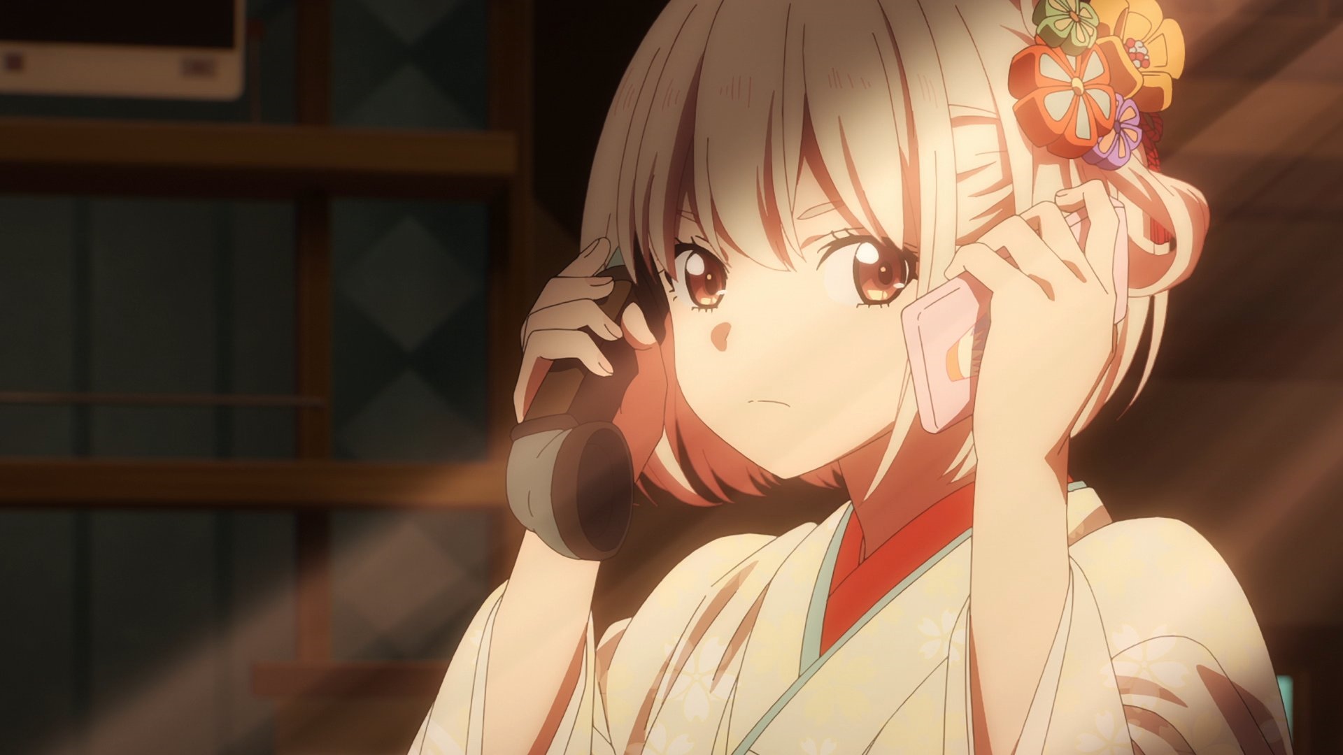 Nishikigi Chisato from Lycoris Recoil on the phone HD Wallpaper