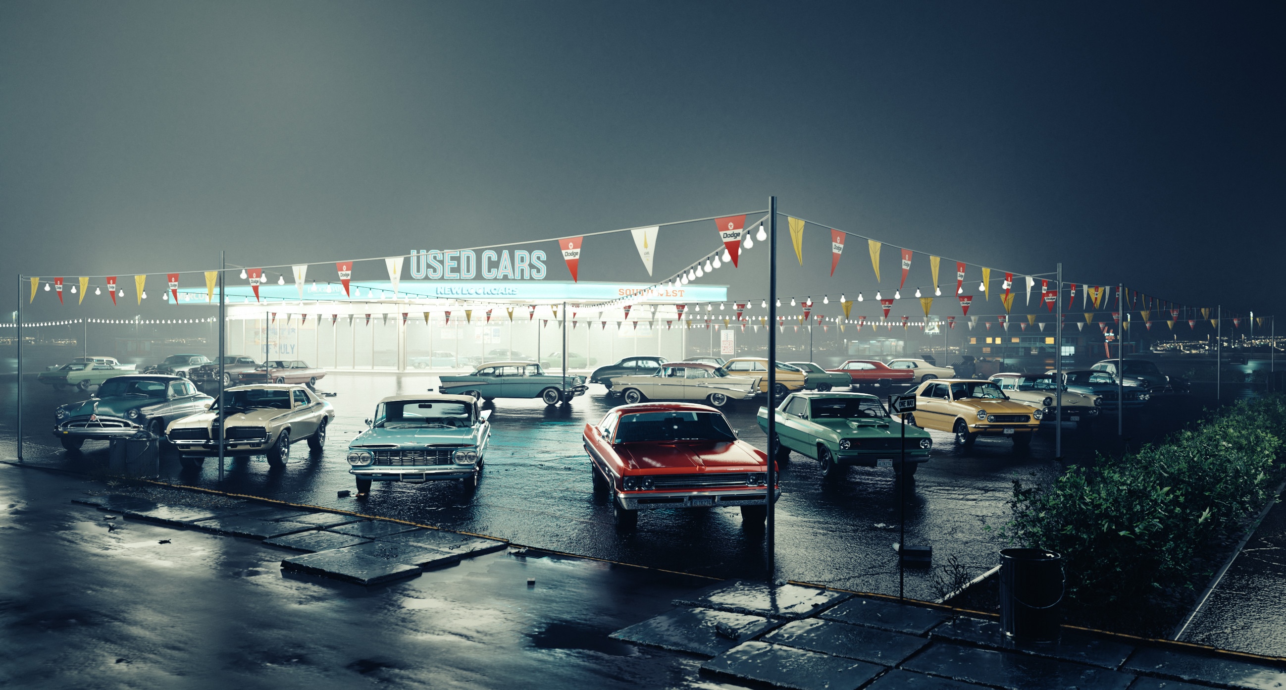 Vintage cars at a used car lot at night HD Wallpaper