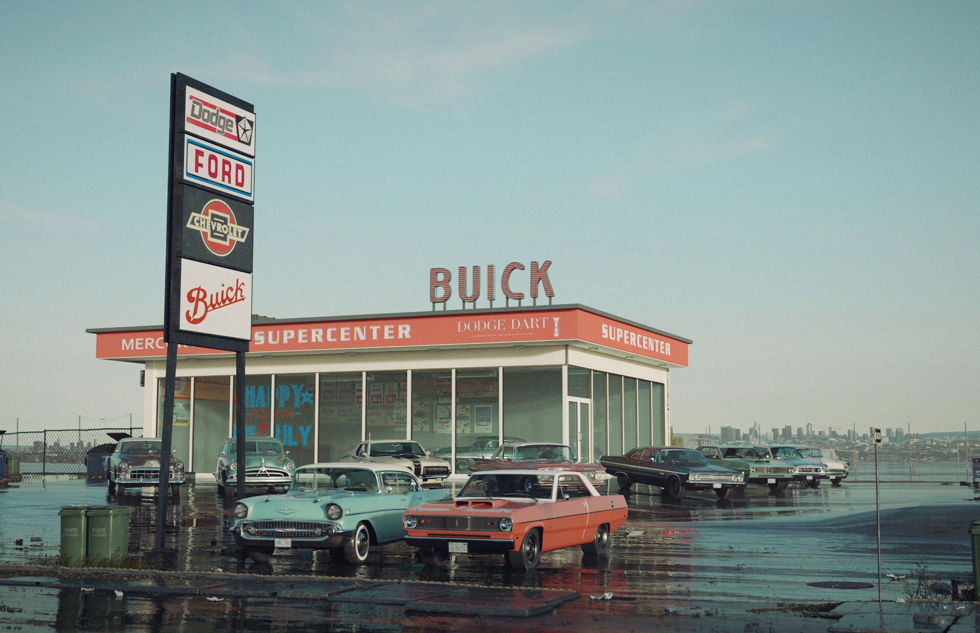 Buick Supercenter with vintage cars and signage HD Wallpaper