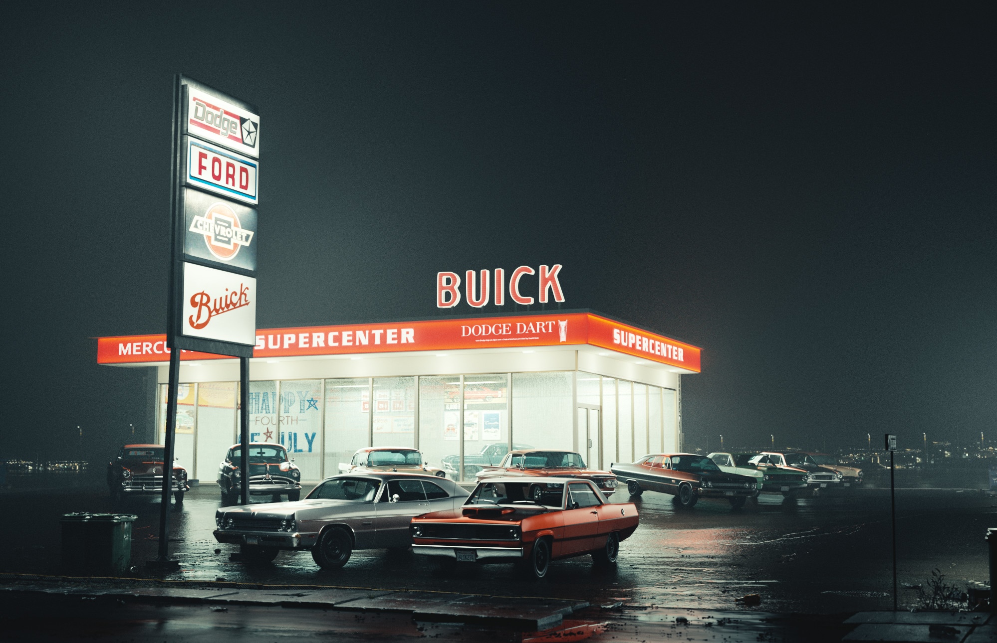Buick Supercenter at night with vintage cars HD Wallpaper