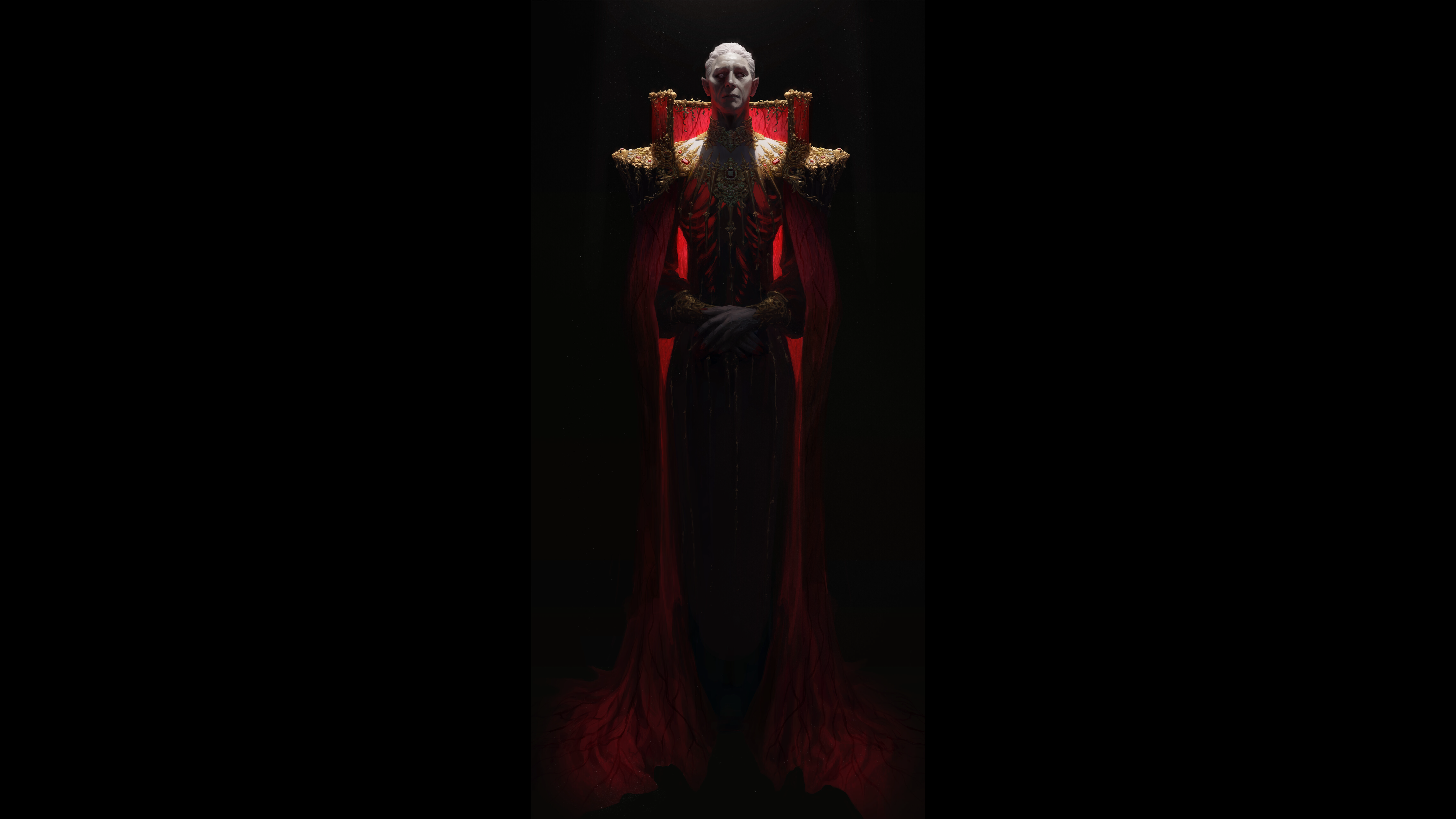 4K pale figure in red cape with gold accents HD Wallpaper