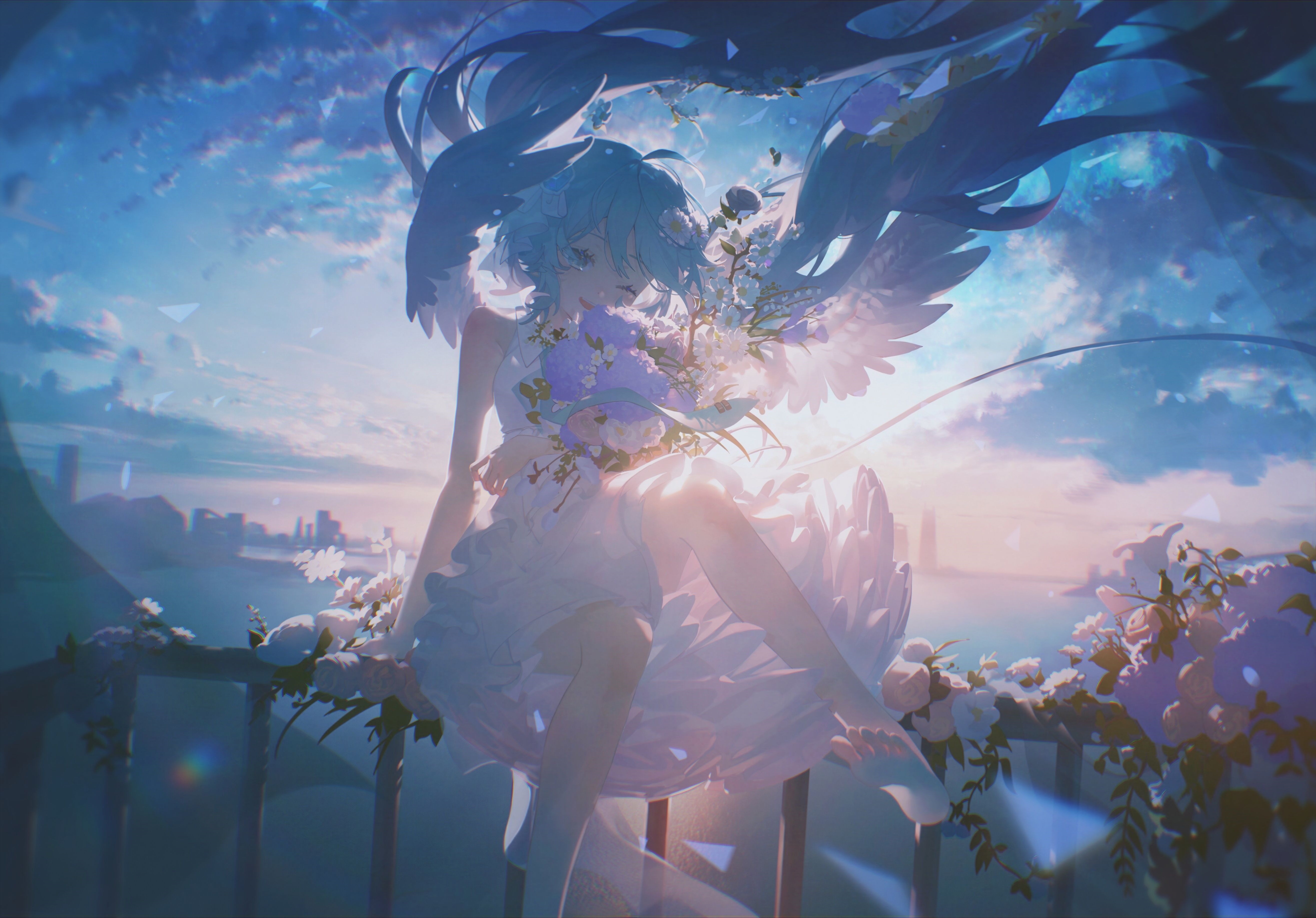 Hatsune Miku with Flowers and Wings HD Wallpaper