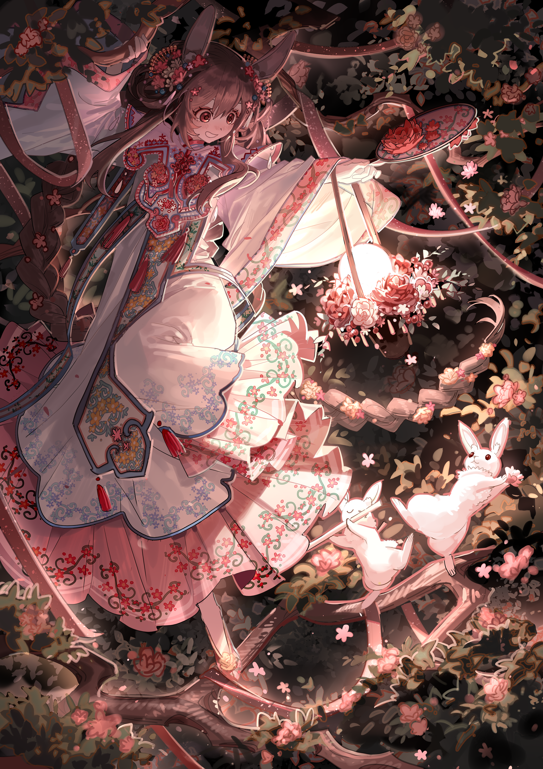 Girl with rabbit ears and rabbits in a garden HD Phone Wallpaper