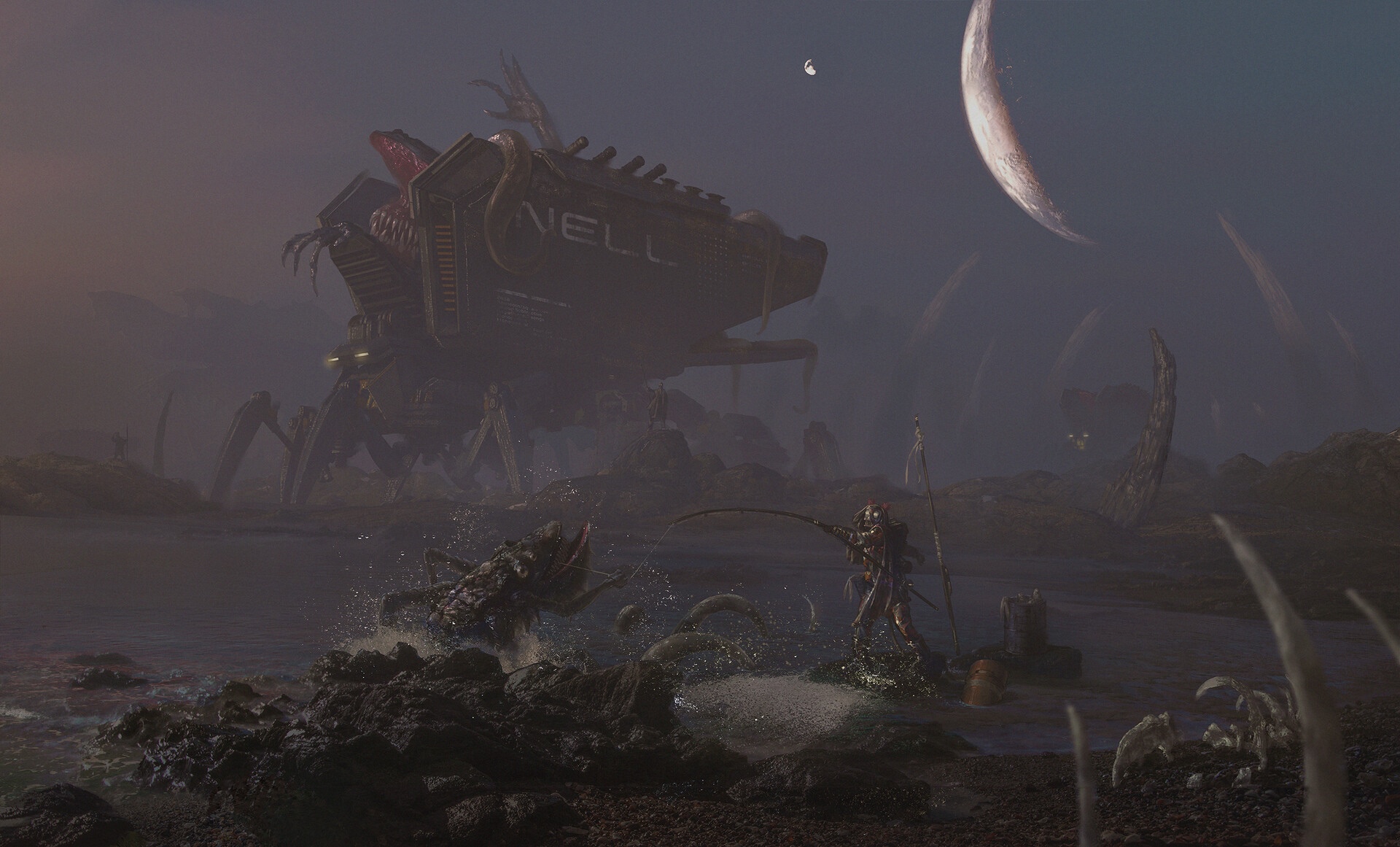 Alien planet with giant mechanical creature and insectoids HD Wallpaper