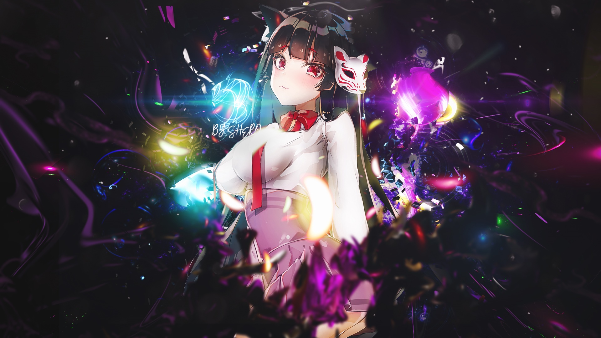 Anime girl with fox mask and red eyes HD Wallpaper