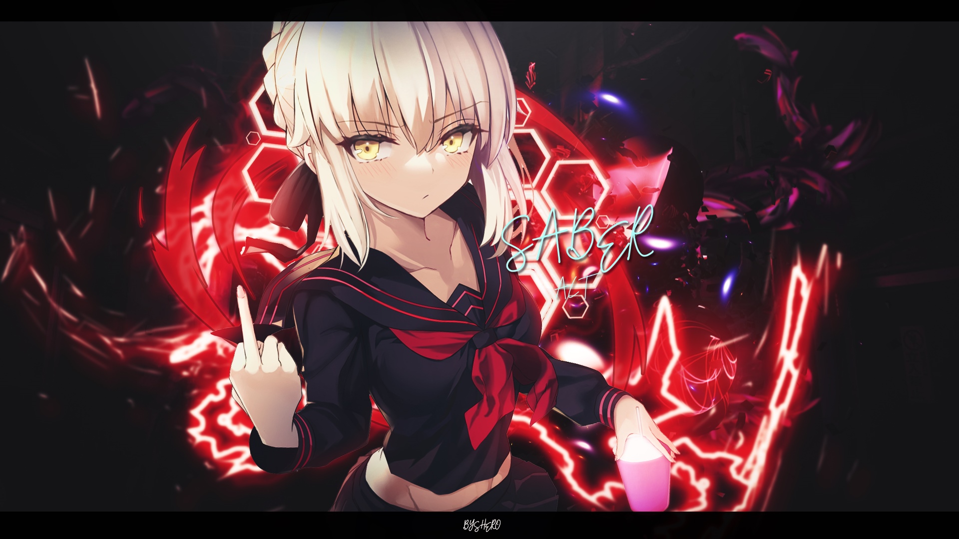 Saber Alter giving the middle finger with red energy HD Wallpaper