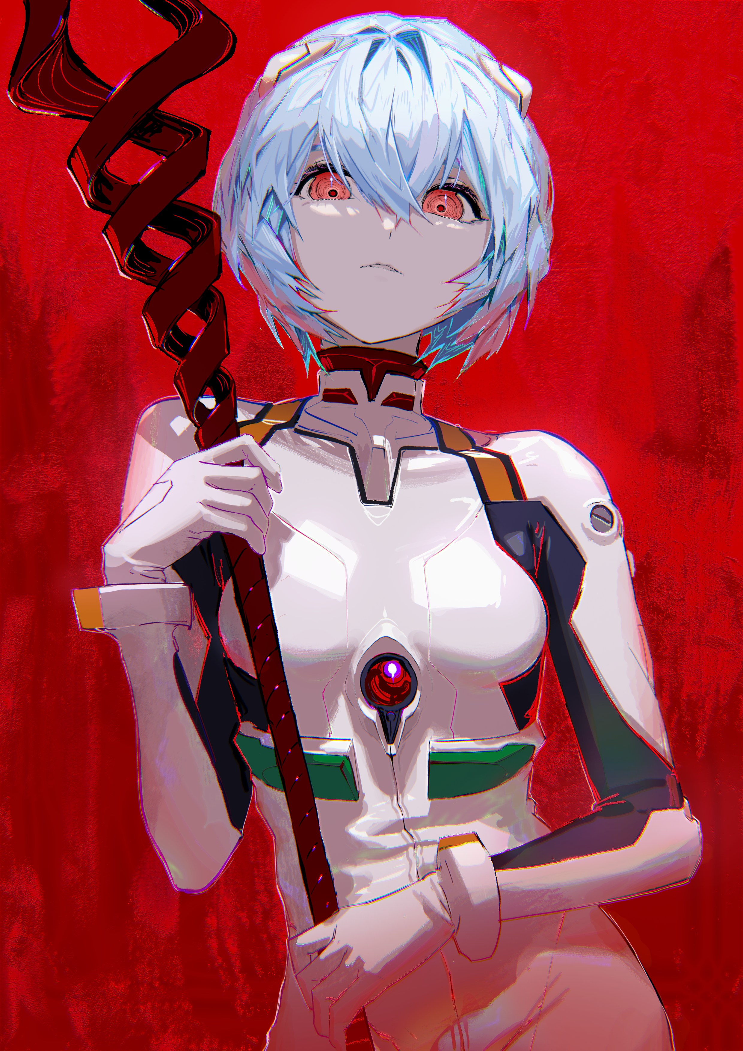 Rei Ayanami in Evangelion Plugsuit Holding a Staff HD Phone Wallpaper