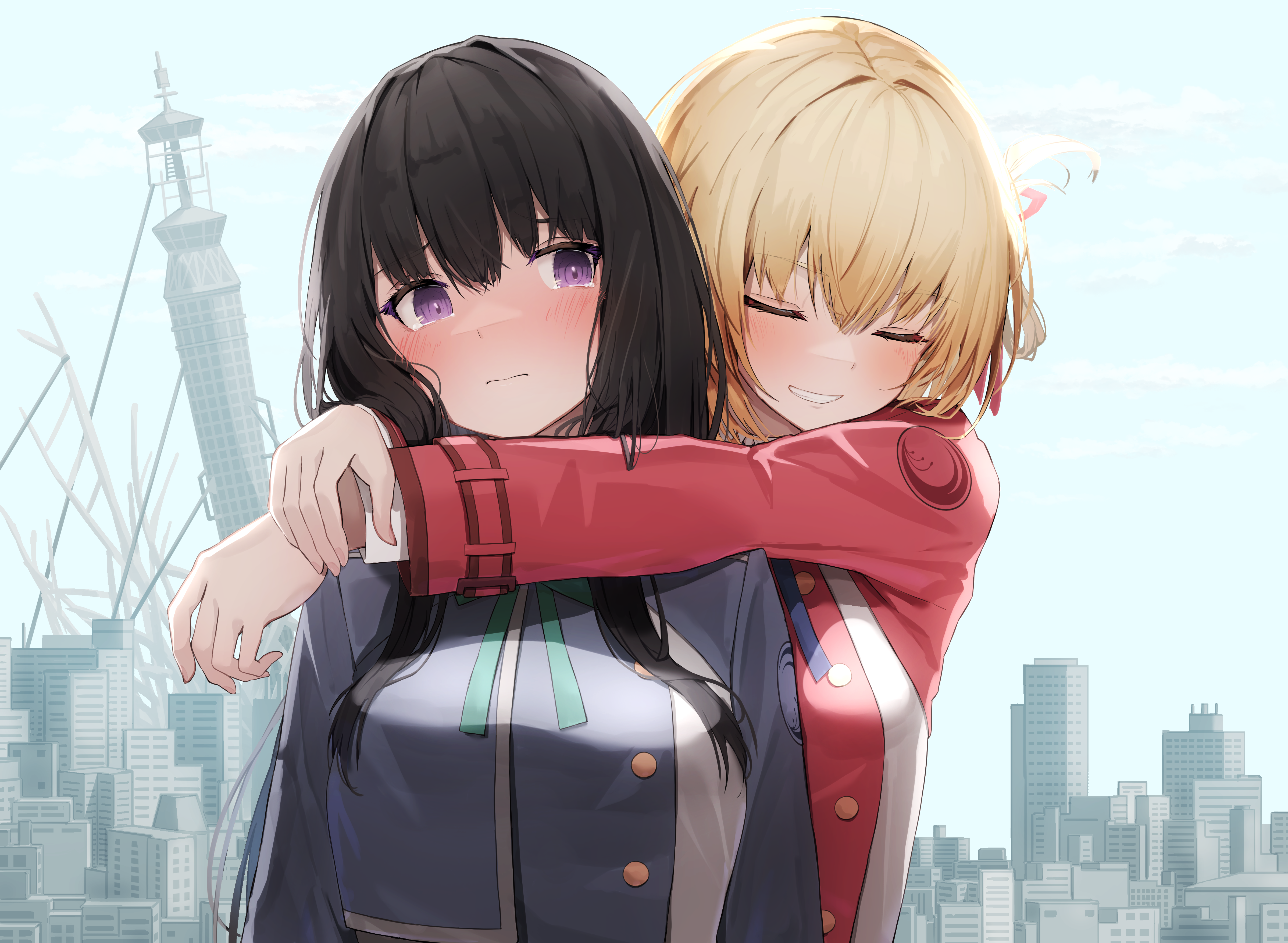 Lycoris Recoil Fan Art: Chisato and Takina Hugging HD Wallpaper