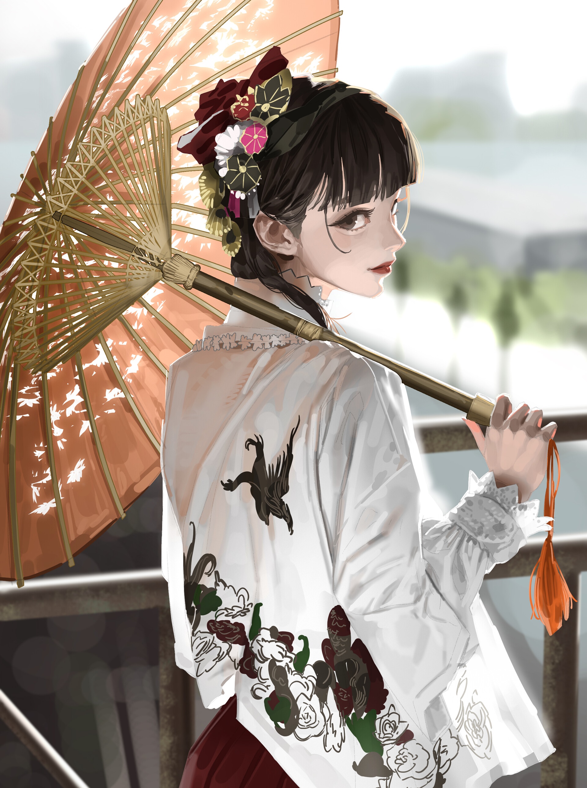Woman in Kimono Holding an Umbrella HD Phone Wallpaper