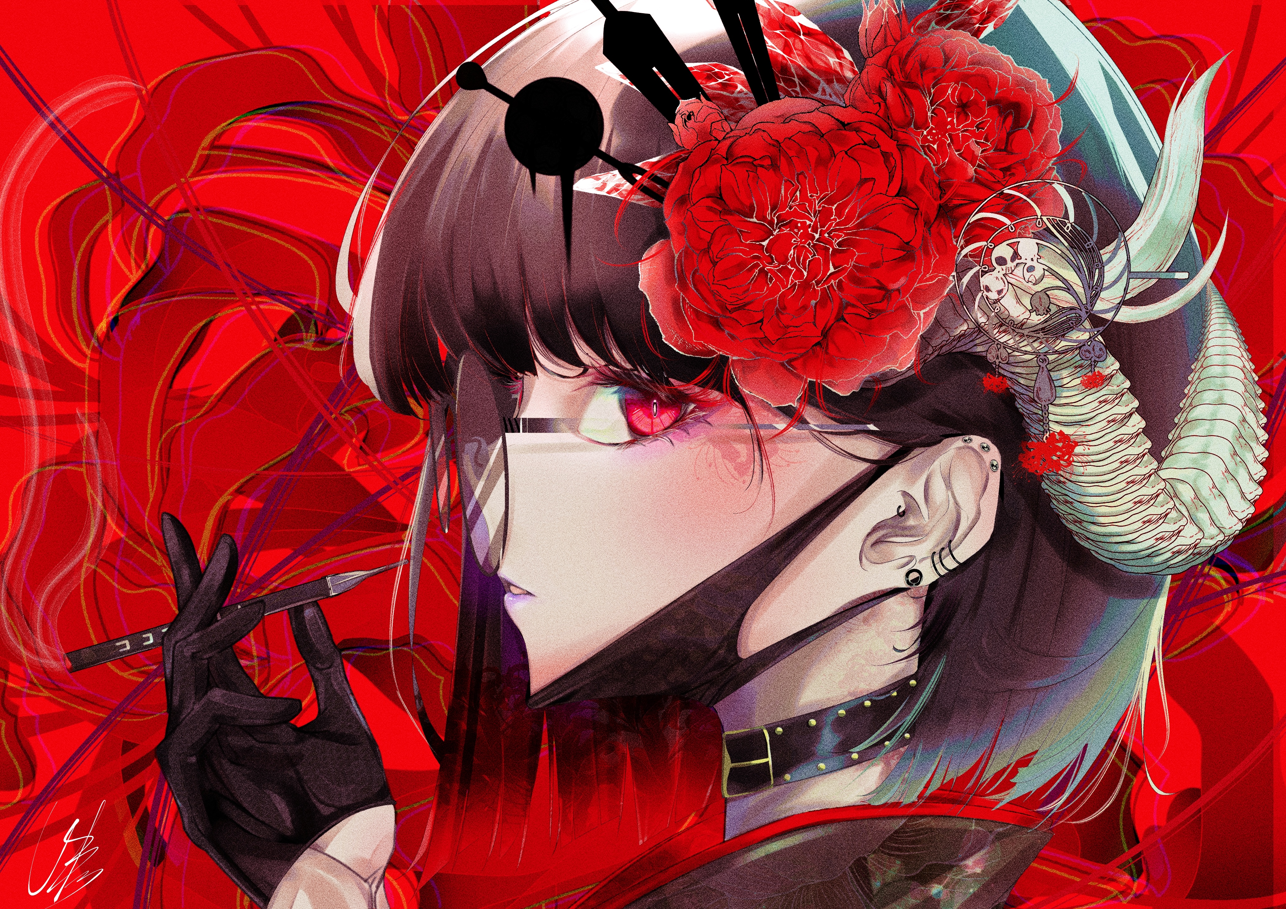 4K Fantasy Girl with Red Eyes and Flowers HD Wallpaper