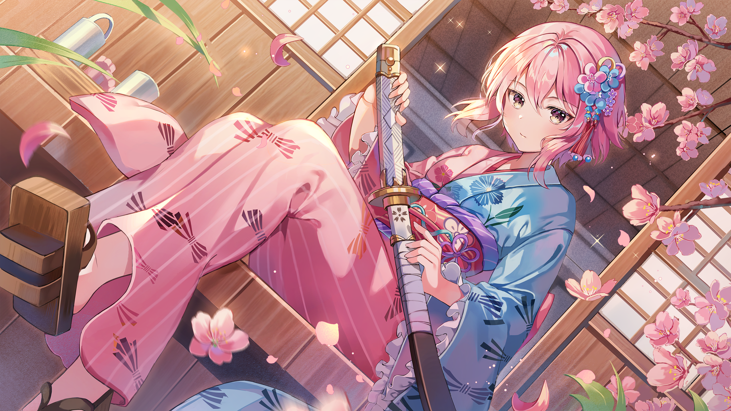 Girl with pink hair and katana under cherry blossoms HD Wallpaper