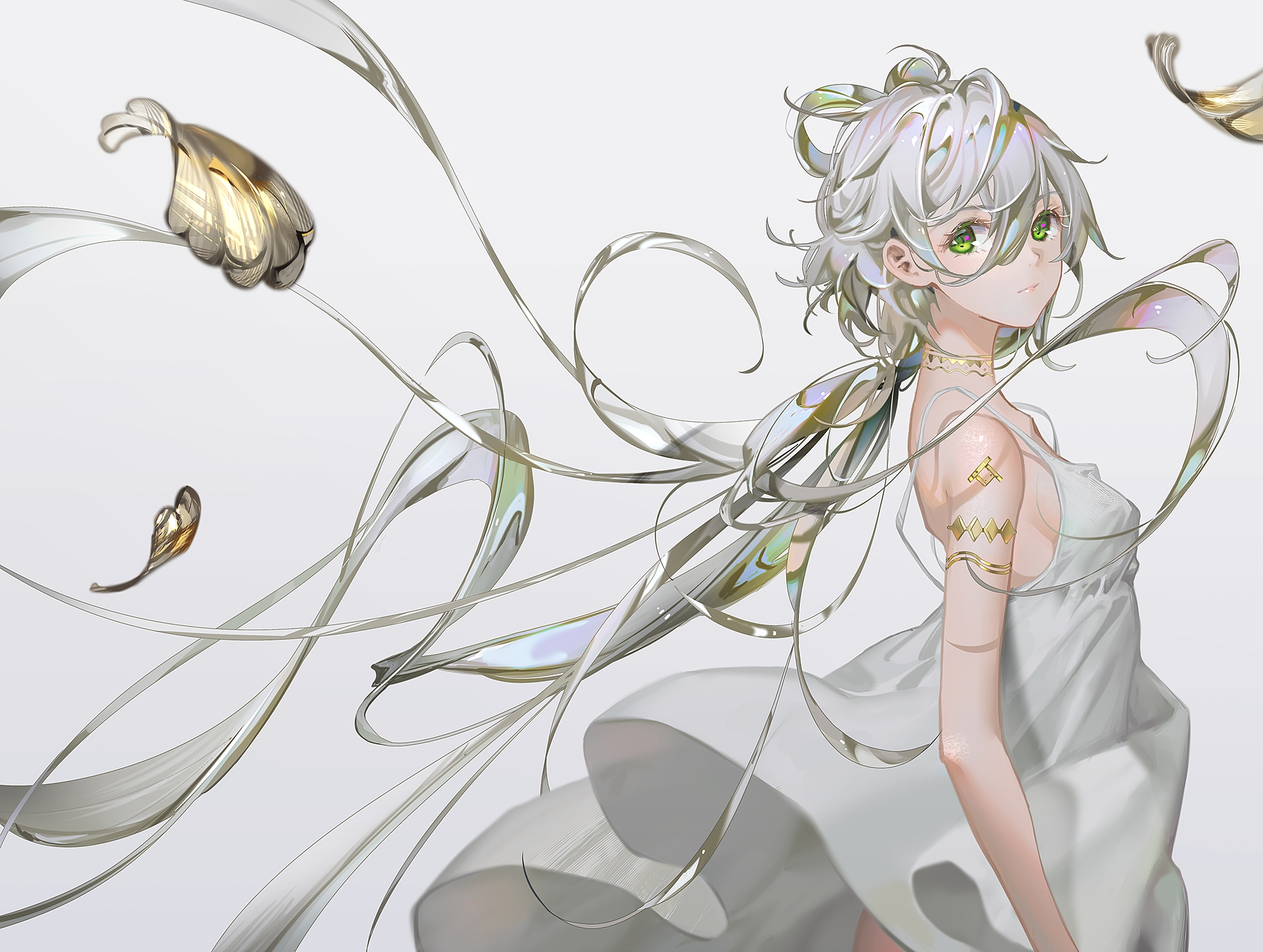 Anime girl with white hair and flowing ribbons HD Wallpaper