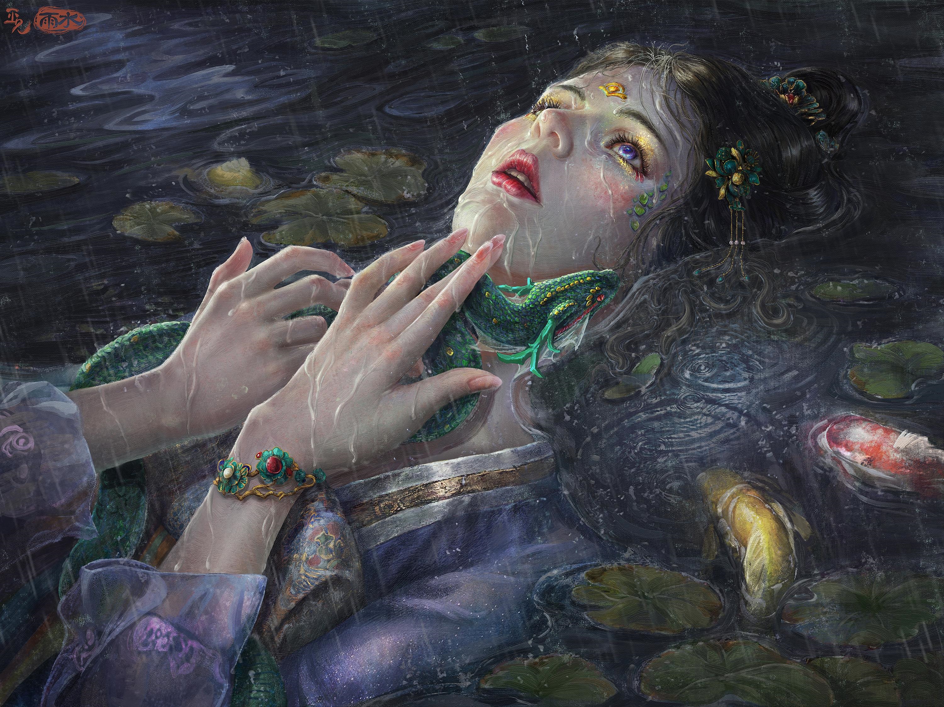 Fantasy girl with a lizard in the rain HD Wallpaper