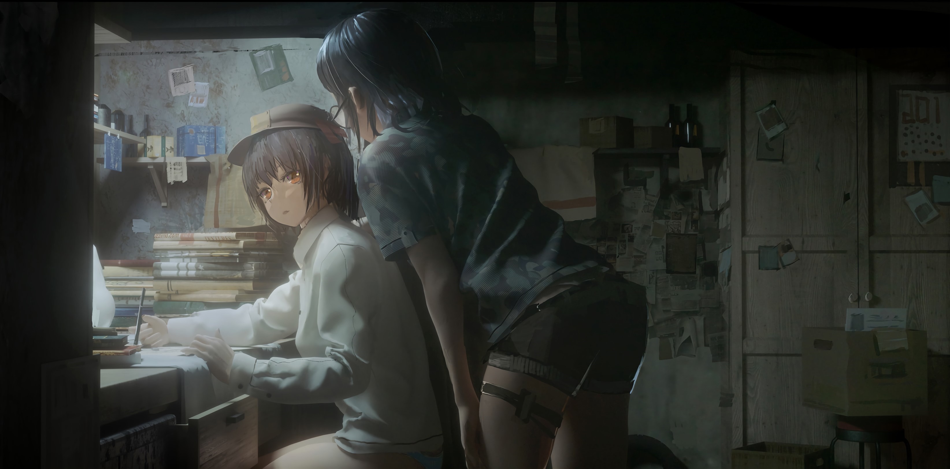 Two anime girls in a cluttered room HD Wallpaper