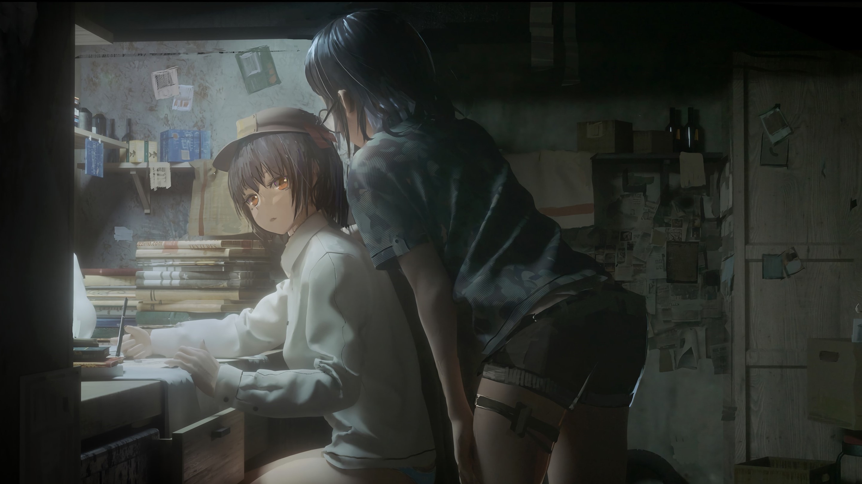 Two anime girls in a cluttered room HD Wallpaper