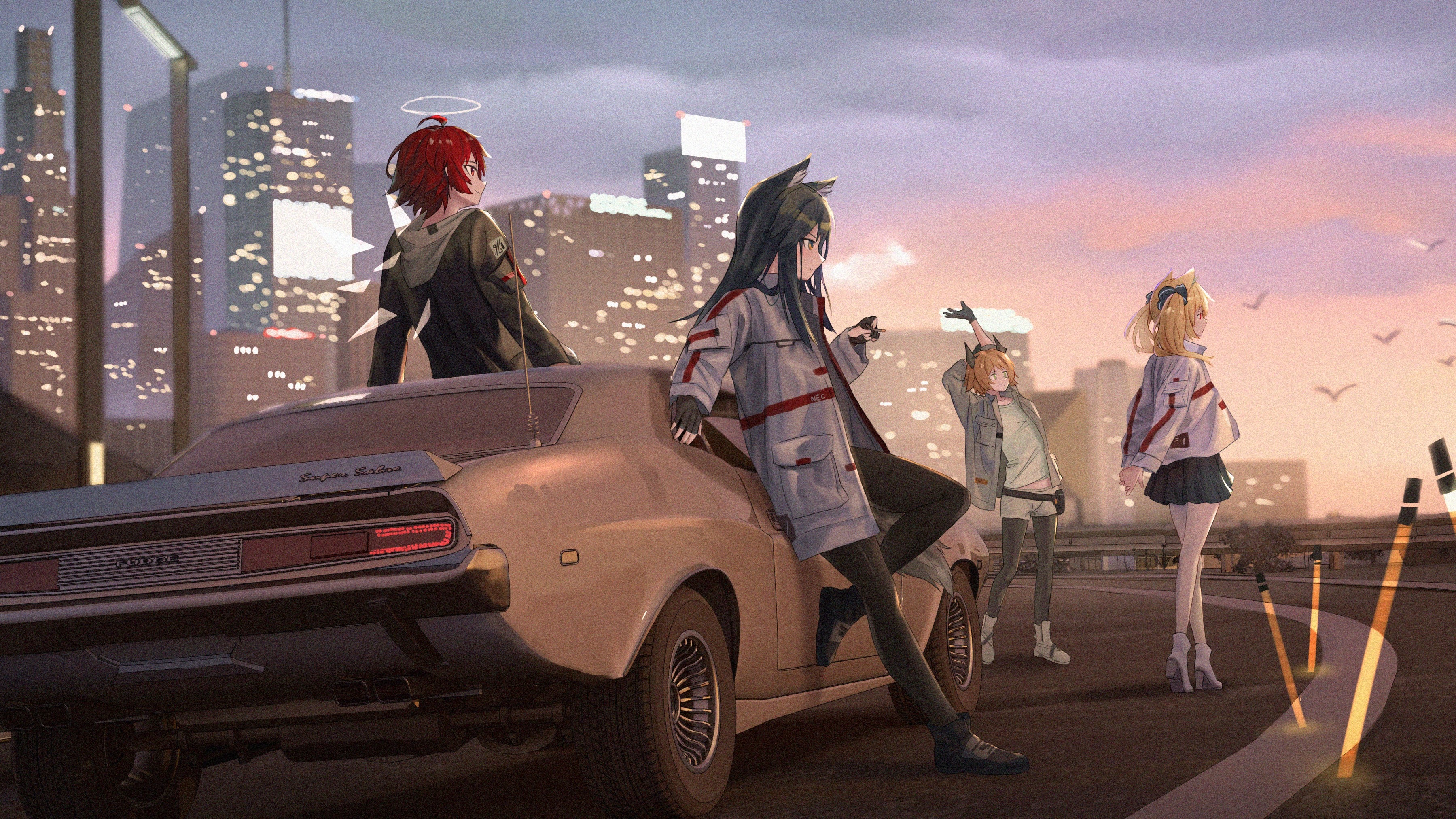 Arknights characters by a car in a city at sunset HD Wallpaper
