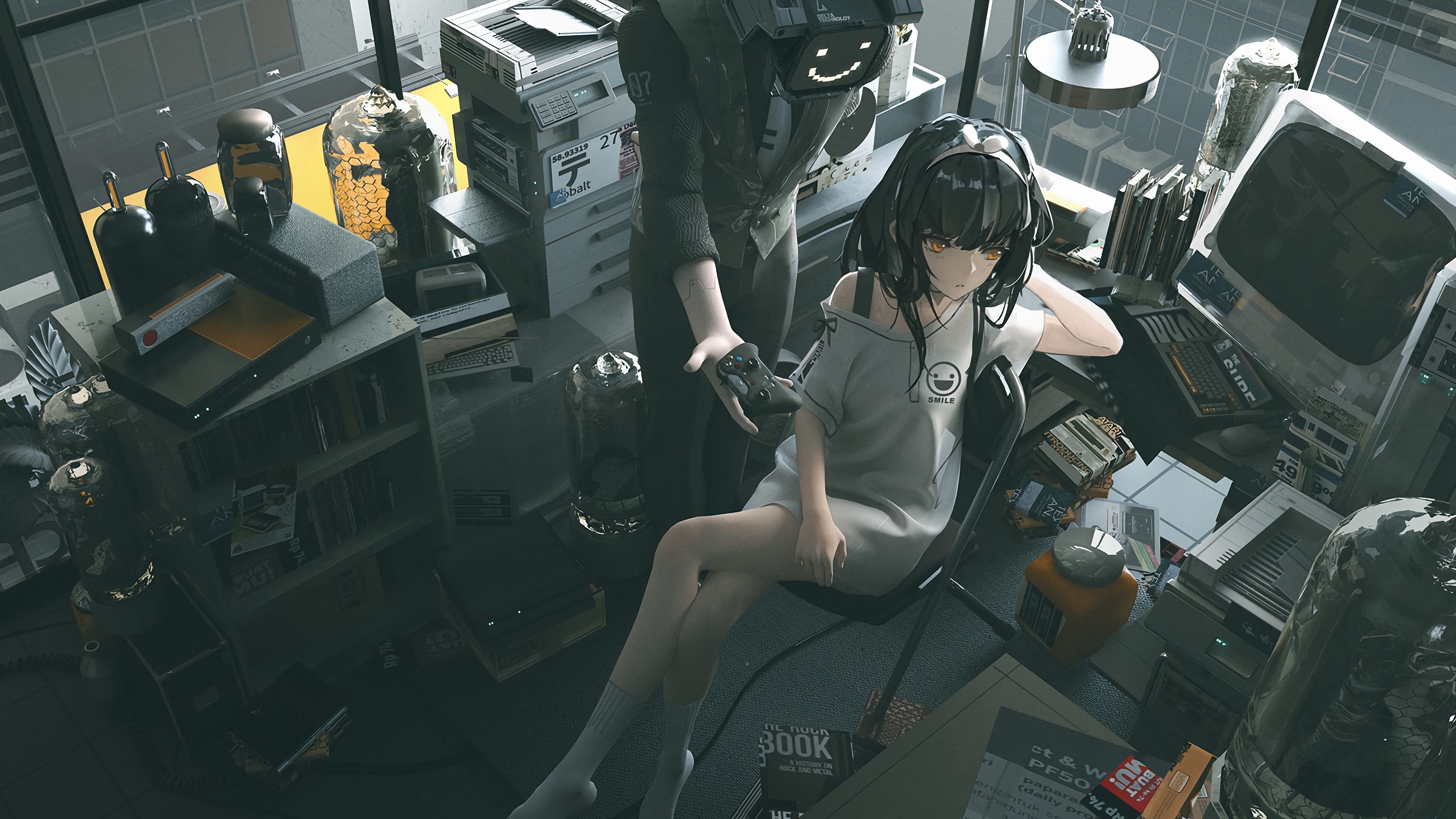 Anime girl with controller in messy room HD Wallpaper