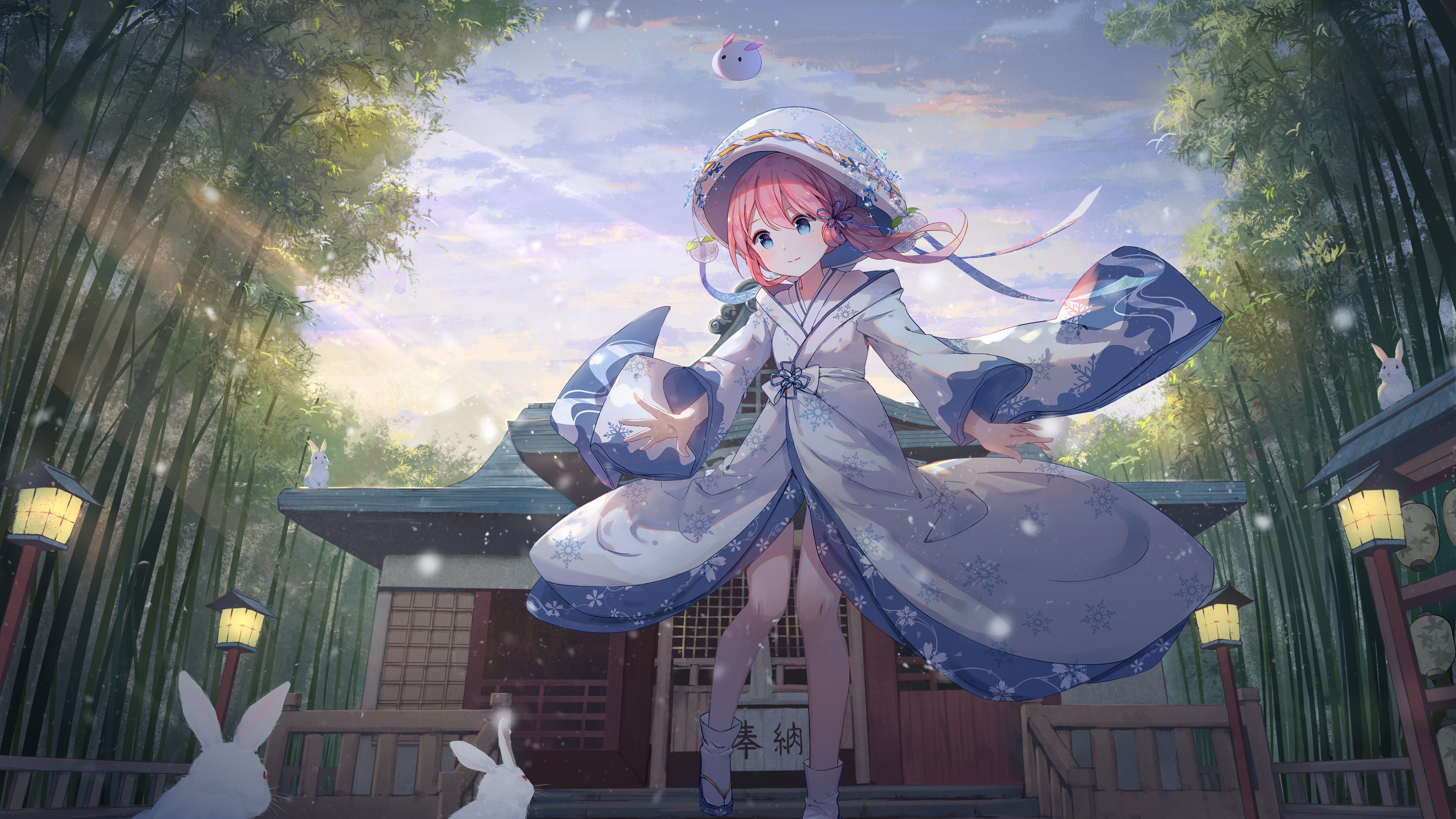 4K anime girl with pink hair and rabbits at shrine HD Wallpaper