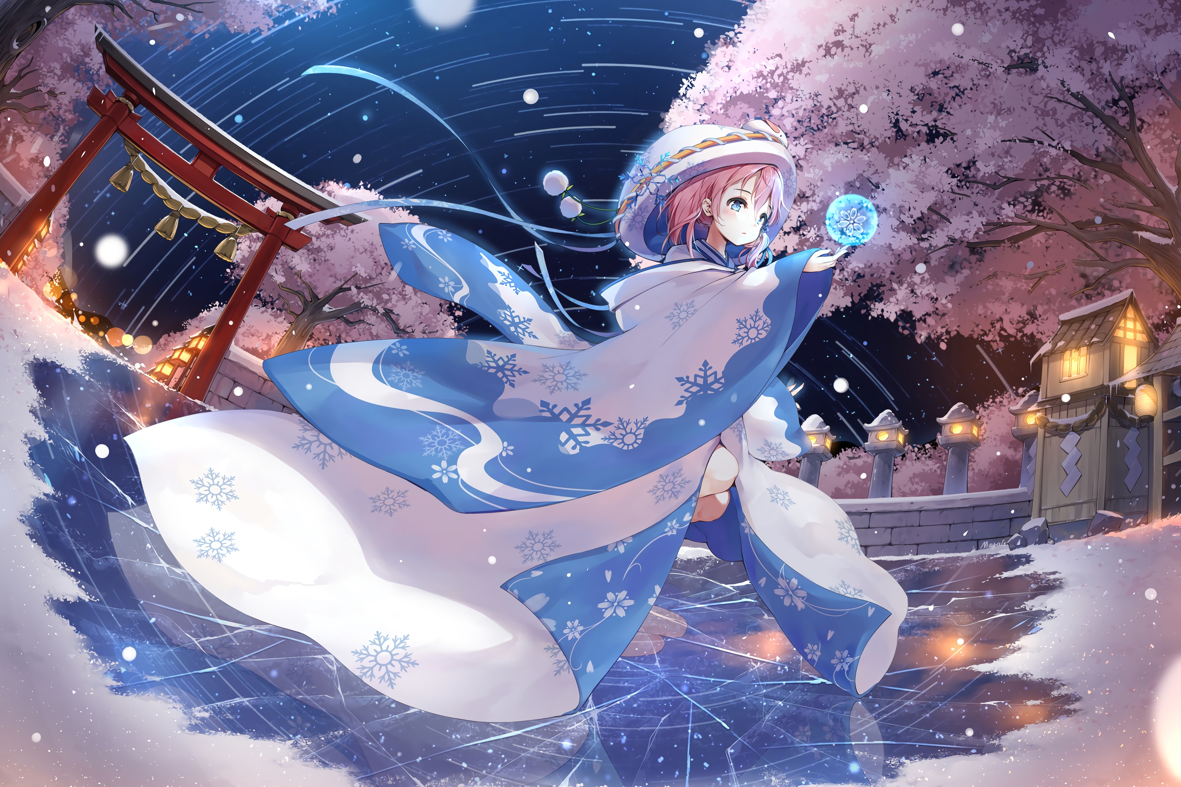 4K anime girl with pink hair and blue eyes in snow HD Wallpaper