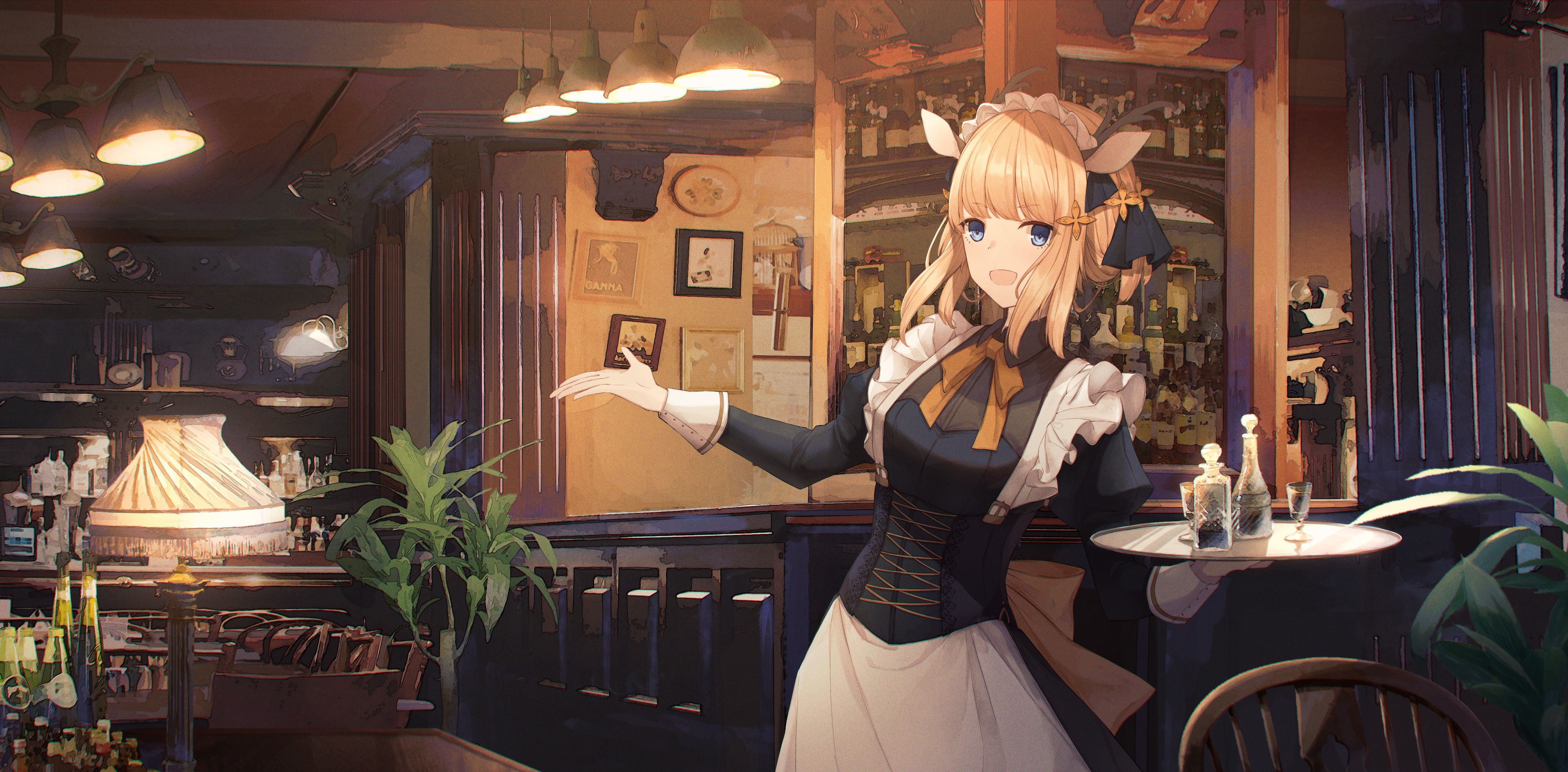 Maid with blonde hair and blue eyes in a bar HD Wallpaper