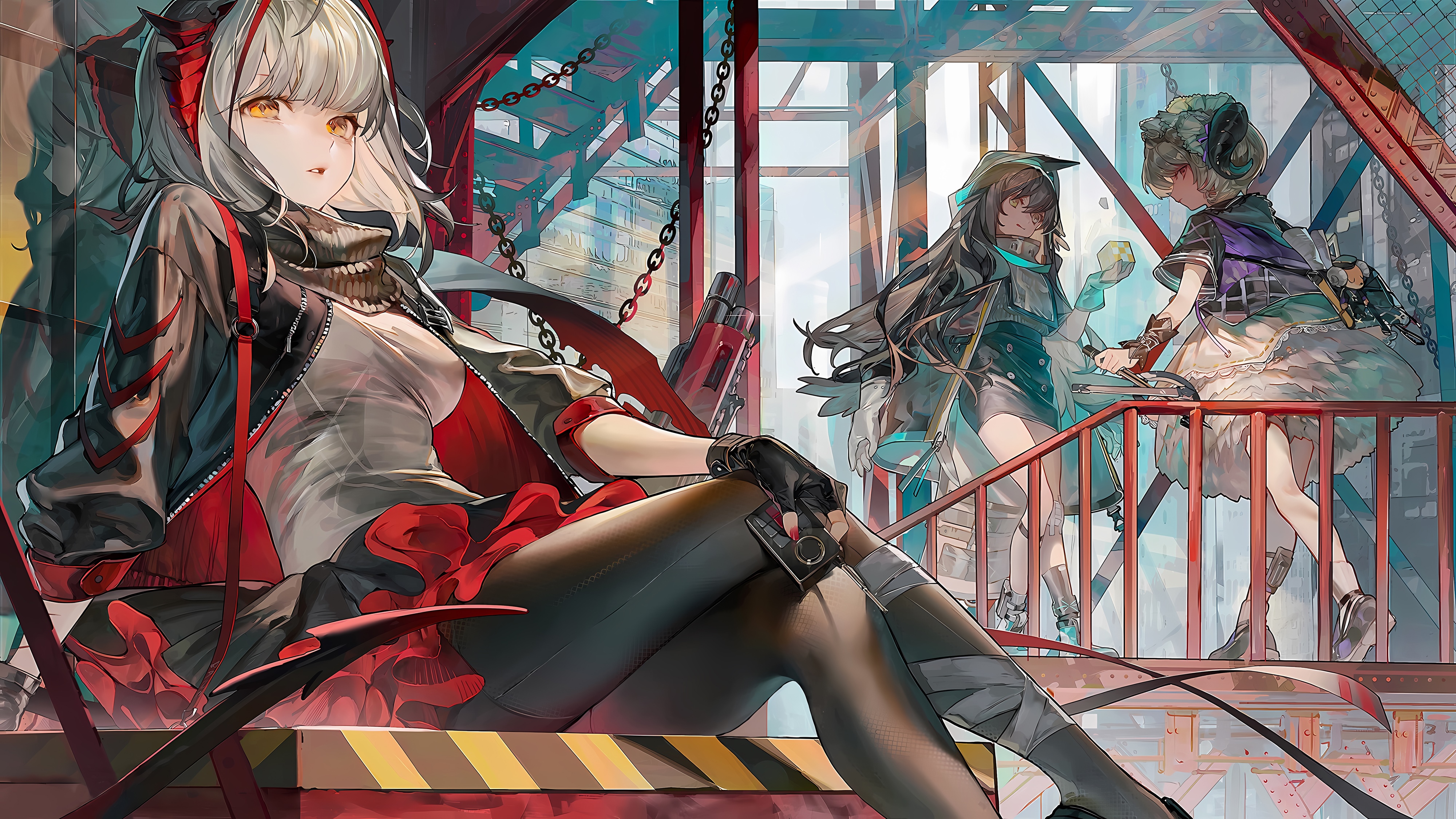 Arknights characters on a metal structure HD Wallpaper