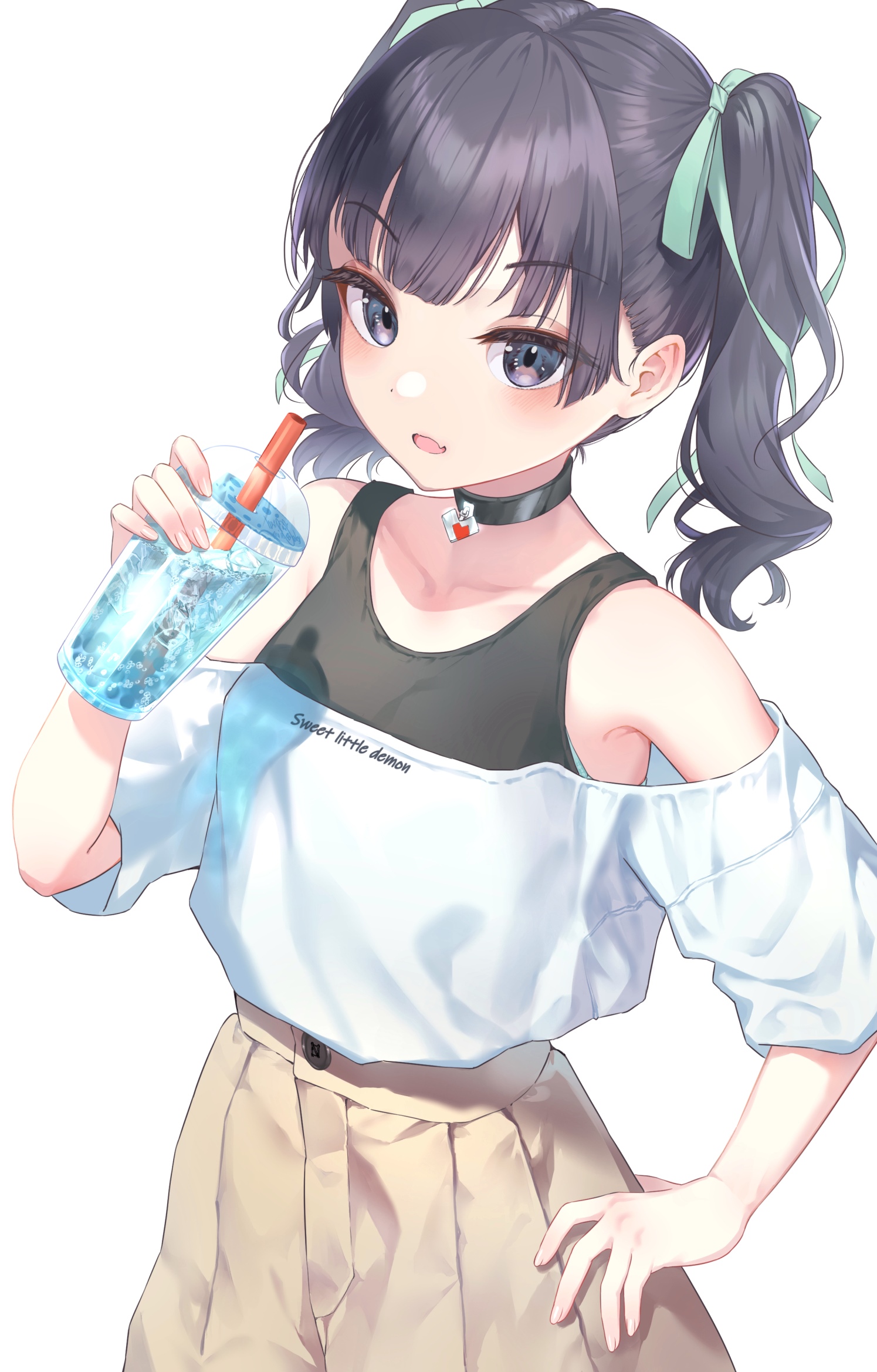 Anime girl with pigtails drinking a beverage HD Phone Wallpaper