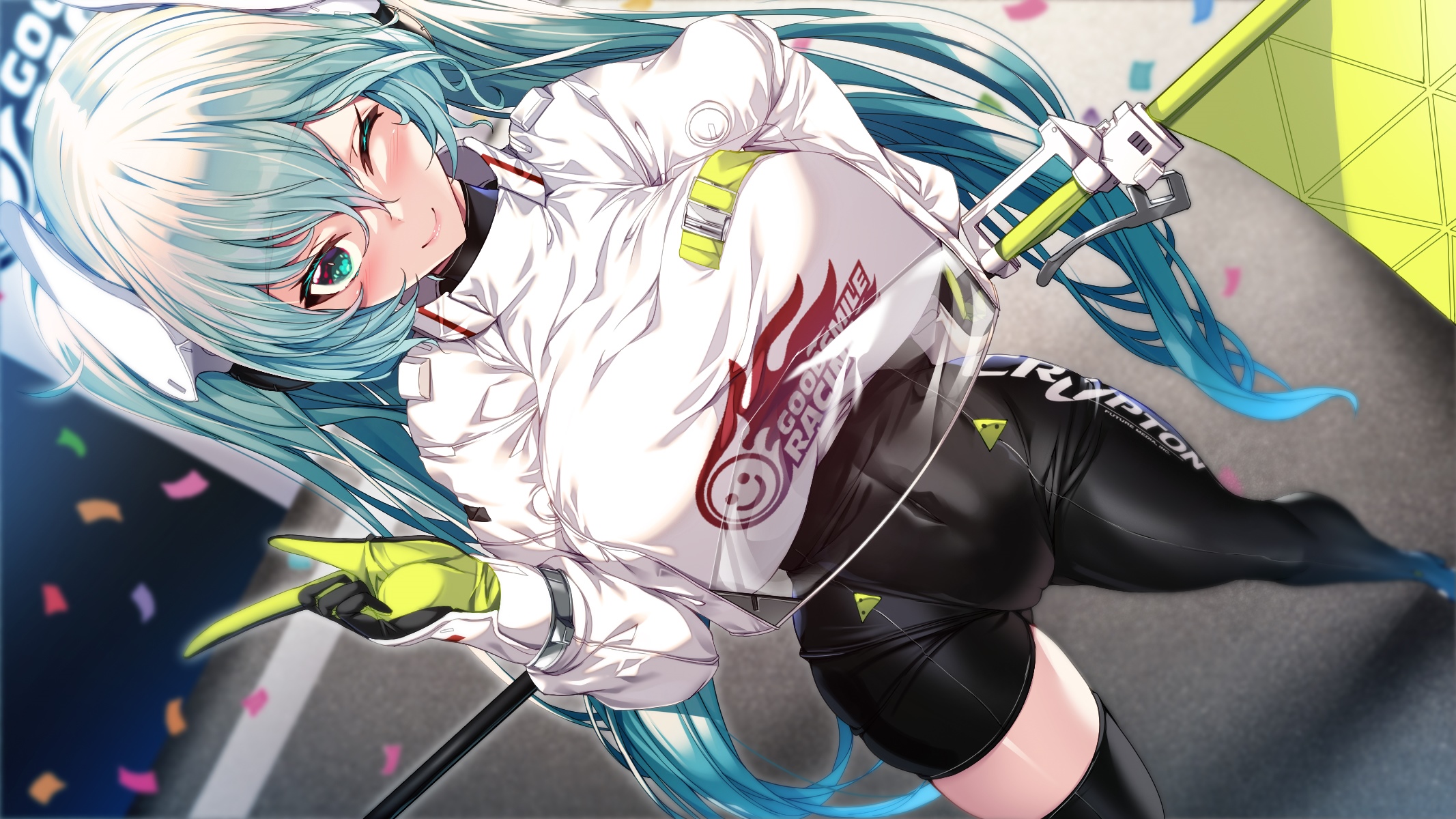 Hatsune Miku in a racing outfit with a checkered flag HD Wallpaper