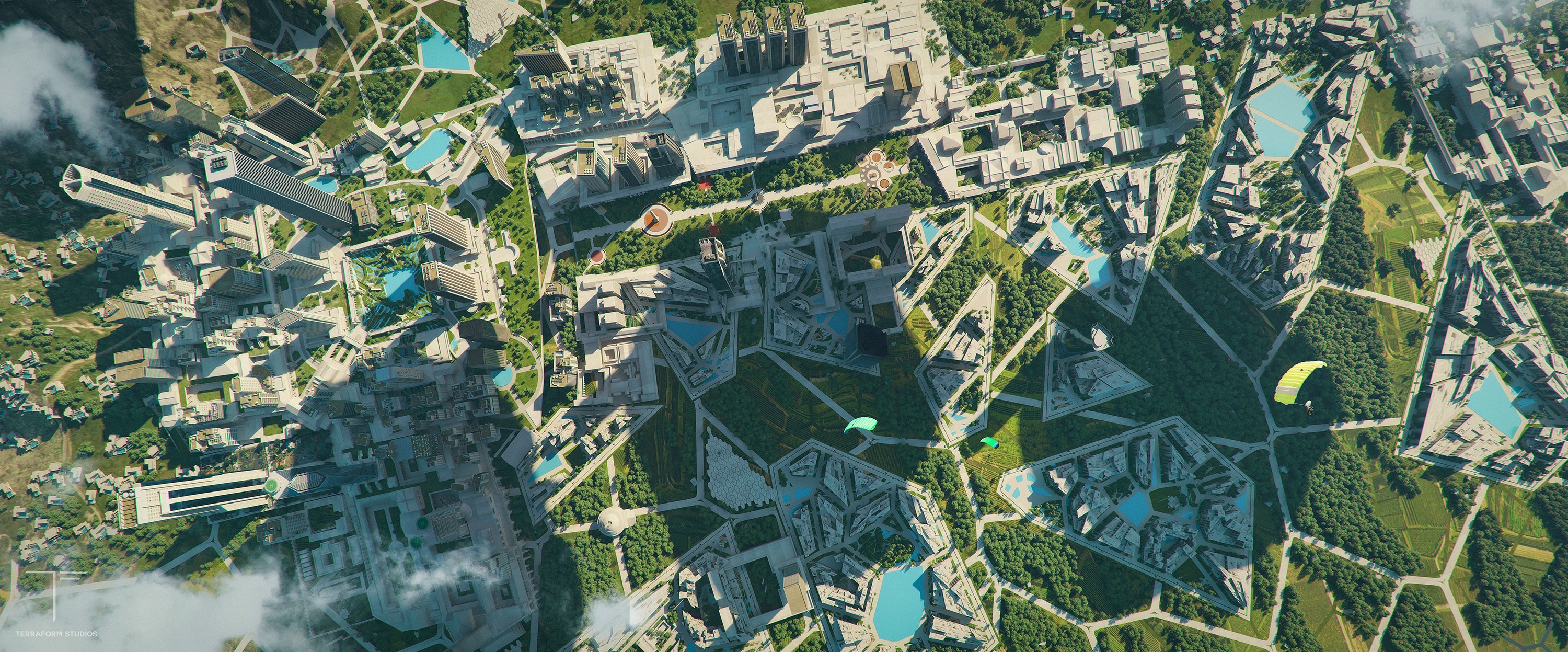 Aerial view of a futuristic cityscape with paragliders HD Wallpaper