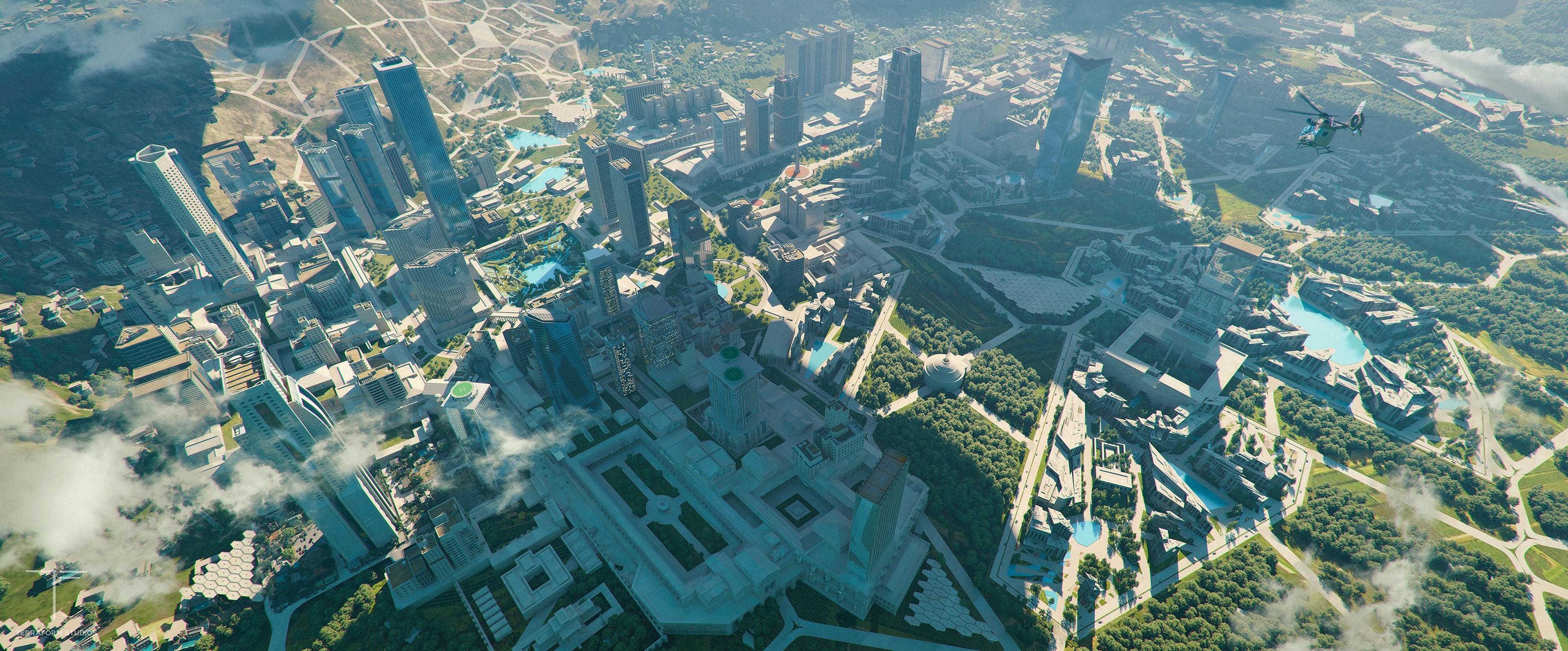 Aerial view of a futuristic cityscape with a helicopter HD Wallpaper
