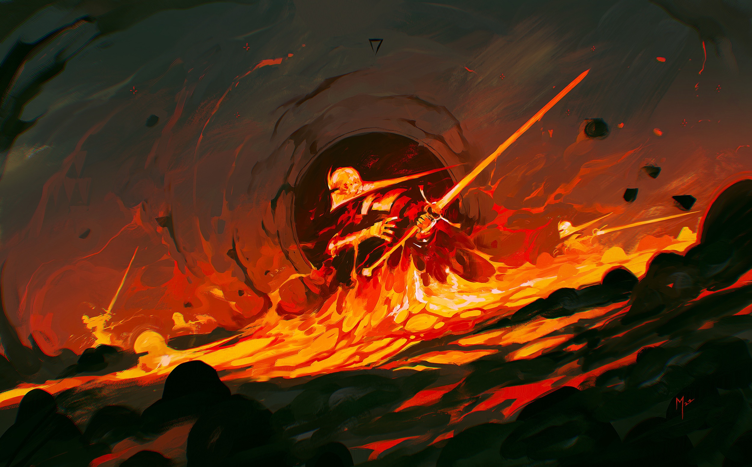 Knight in lava with swords HD Wallpaper