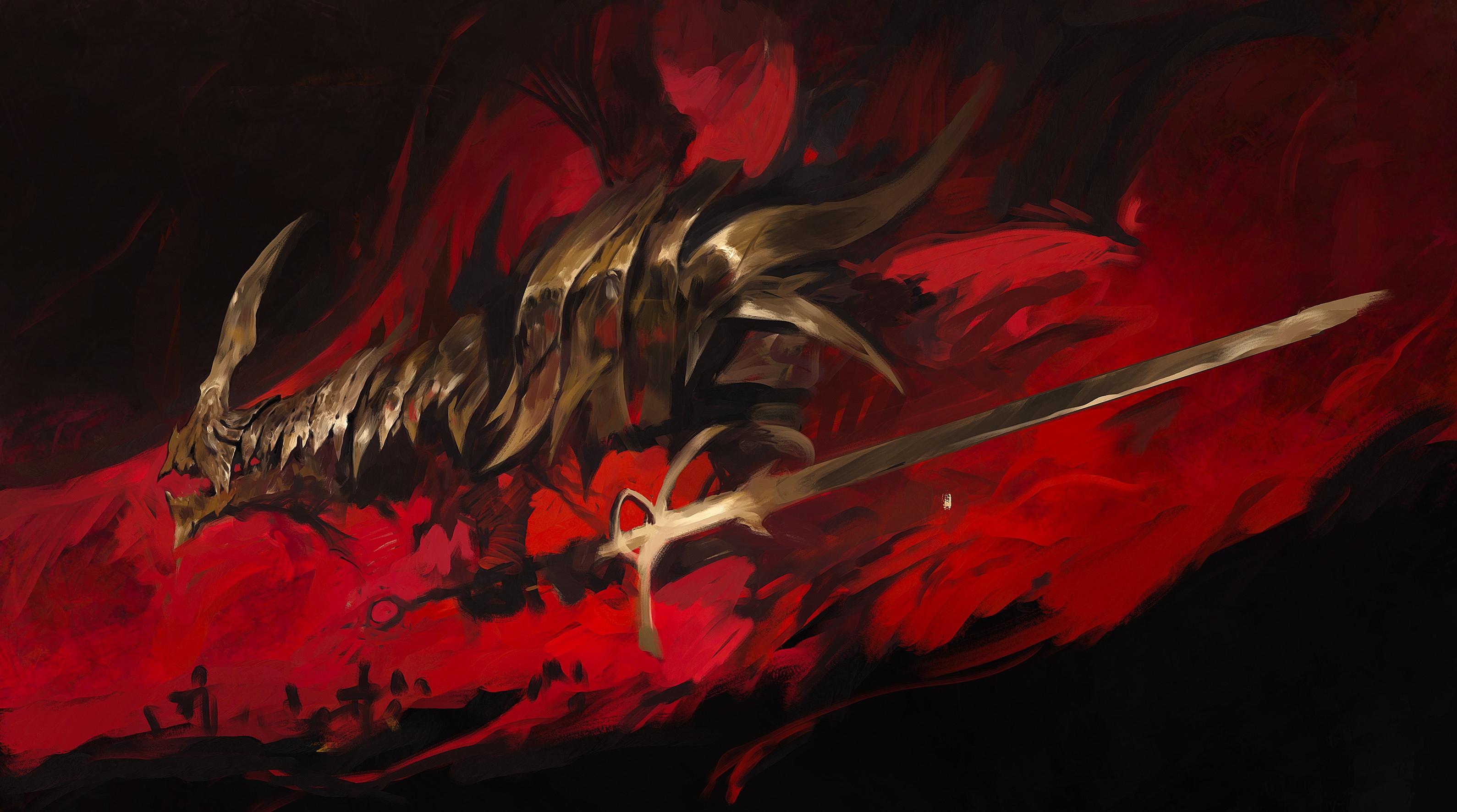 Fantasy art of a dragon head and sword HD Wallpaper