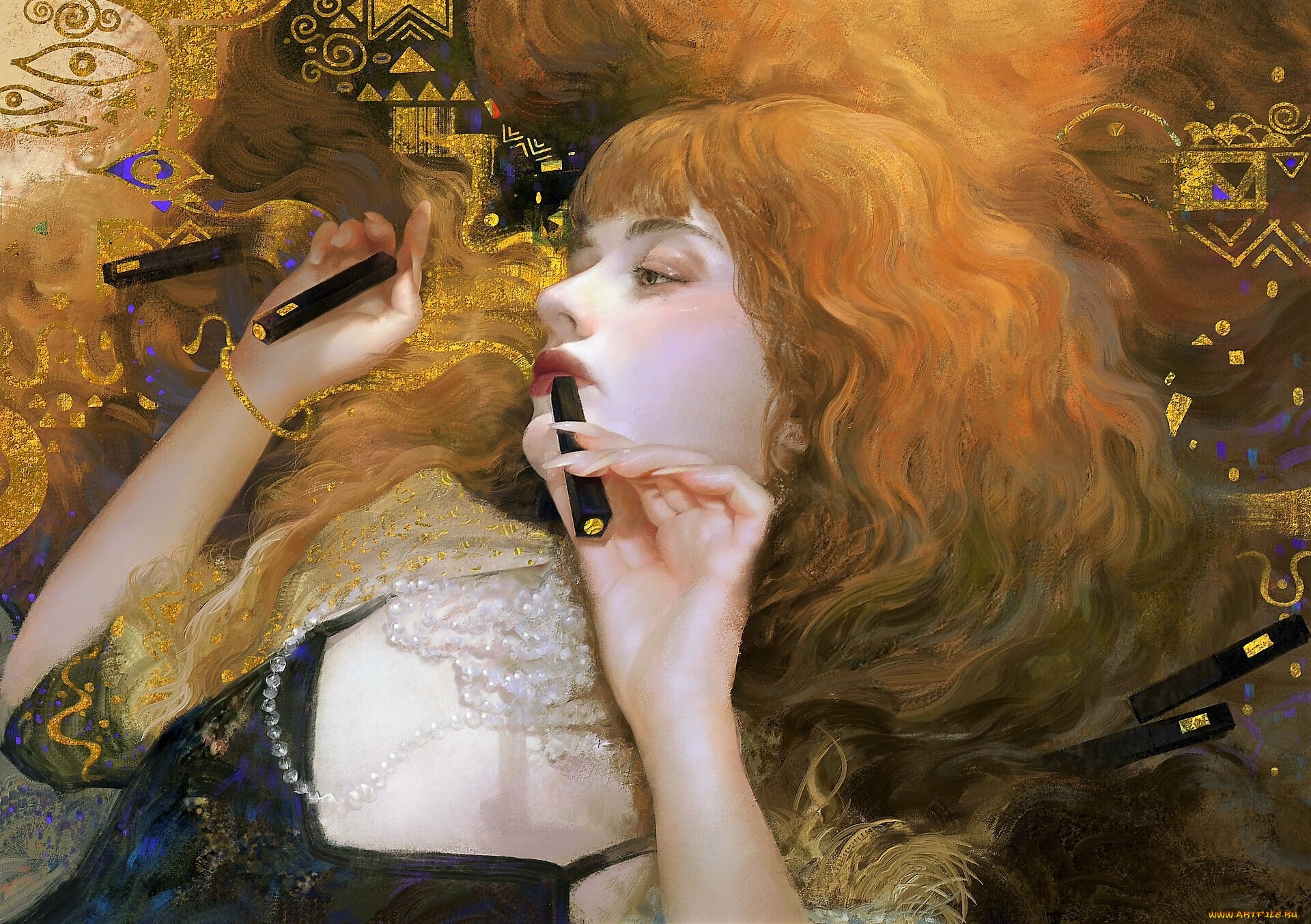 Woman with red hair applying lipstick HD Wallpaper