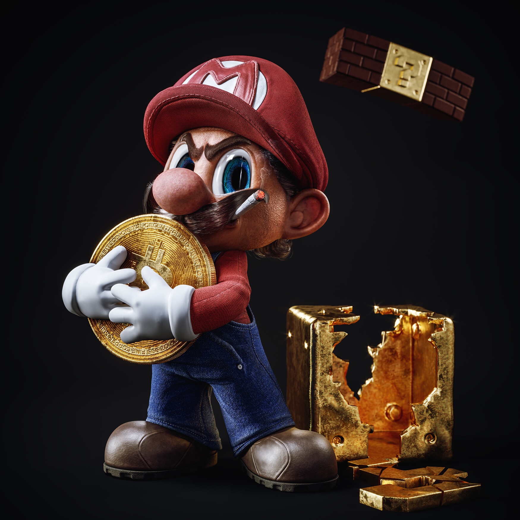 Super Mario holding Bitcoin with gold bars HD Wallpaper