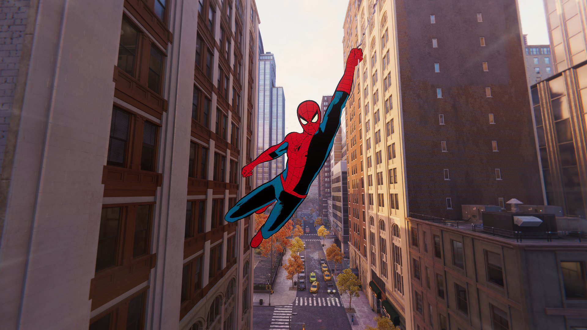 Spider-Man swings through a city street HD Wallpaper