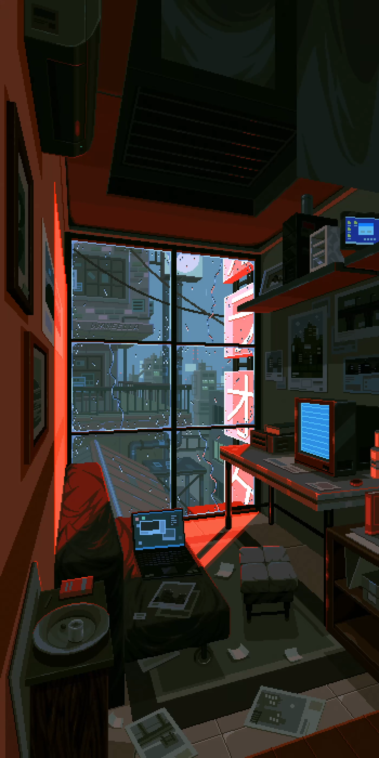Pixel art cyberpunk room with rain and city view HD Phone Wallpaper
