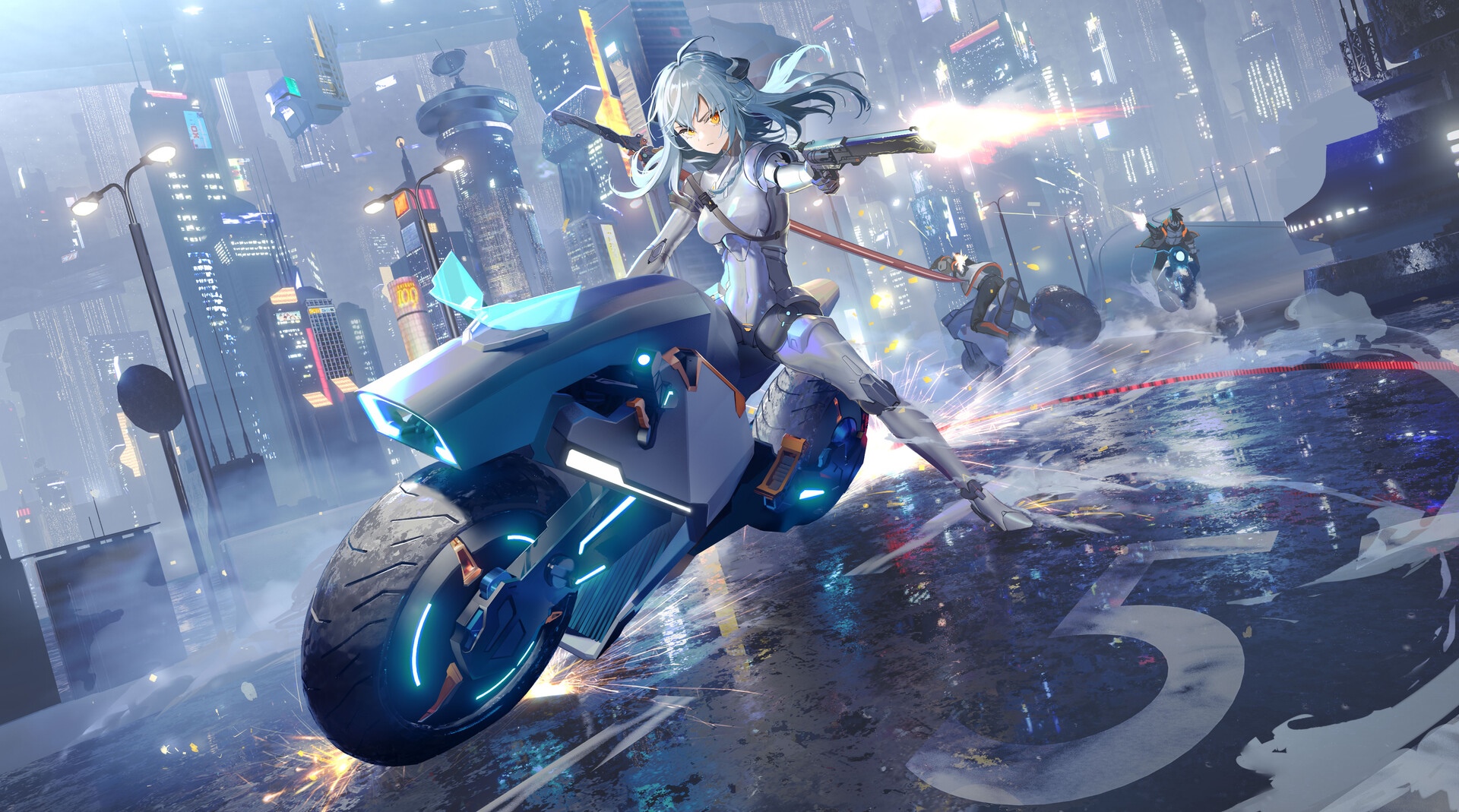 Anime girl with guns riding a motorcycle in a futuristic city HD Wallpaper