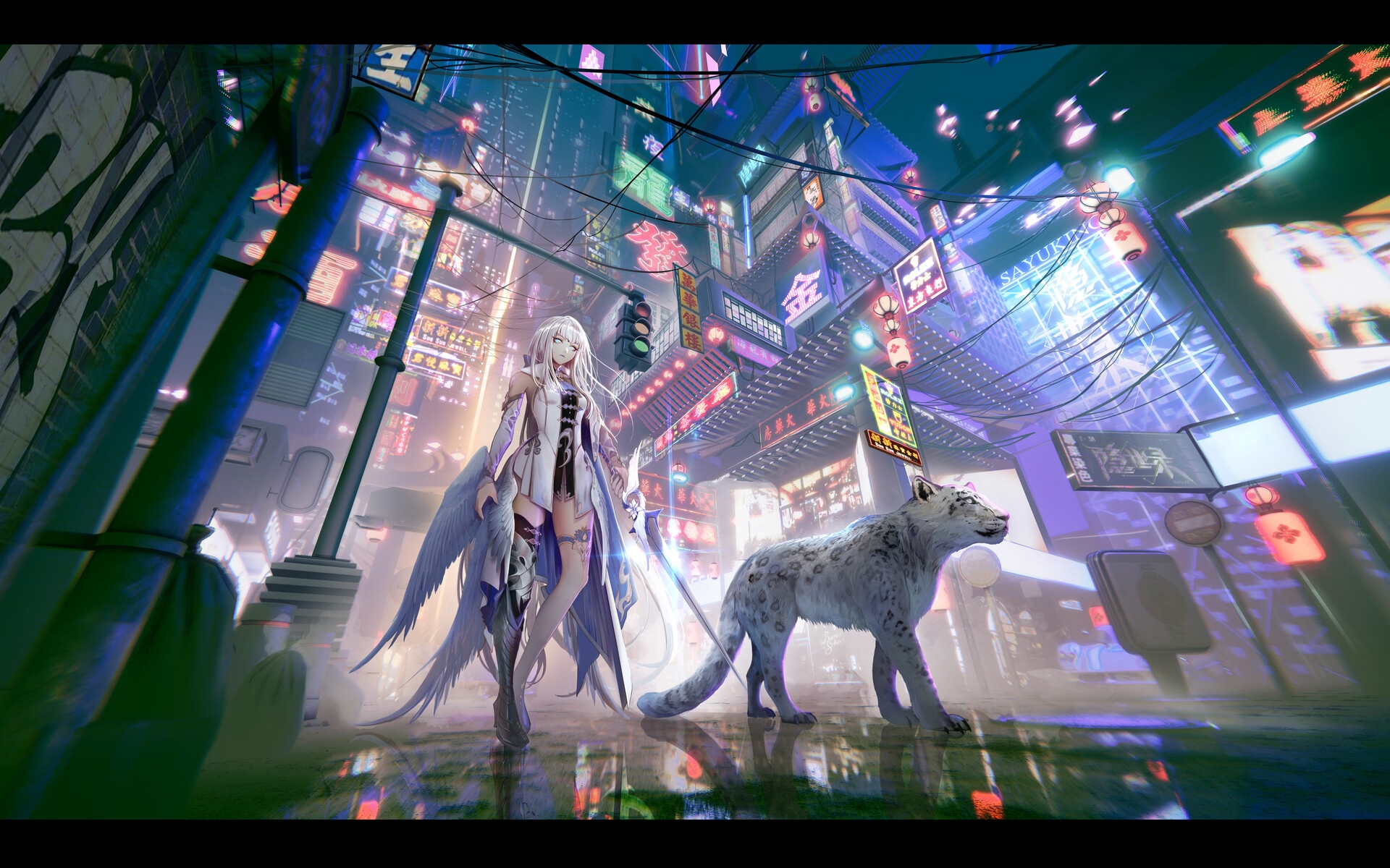 Anime girl with wings and snow leopard in neon city HD Wallpaper