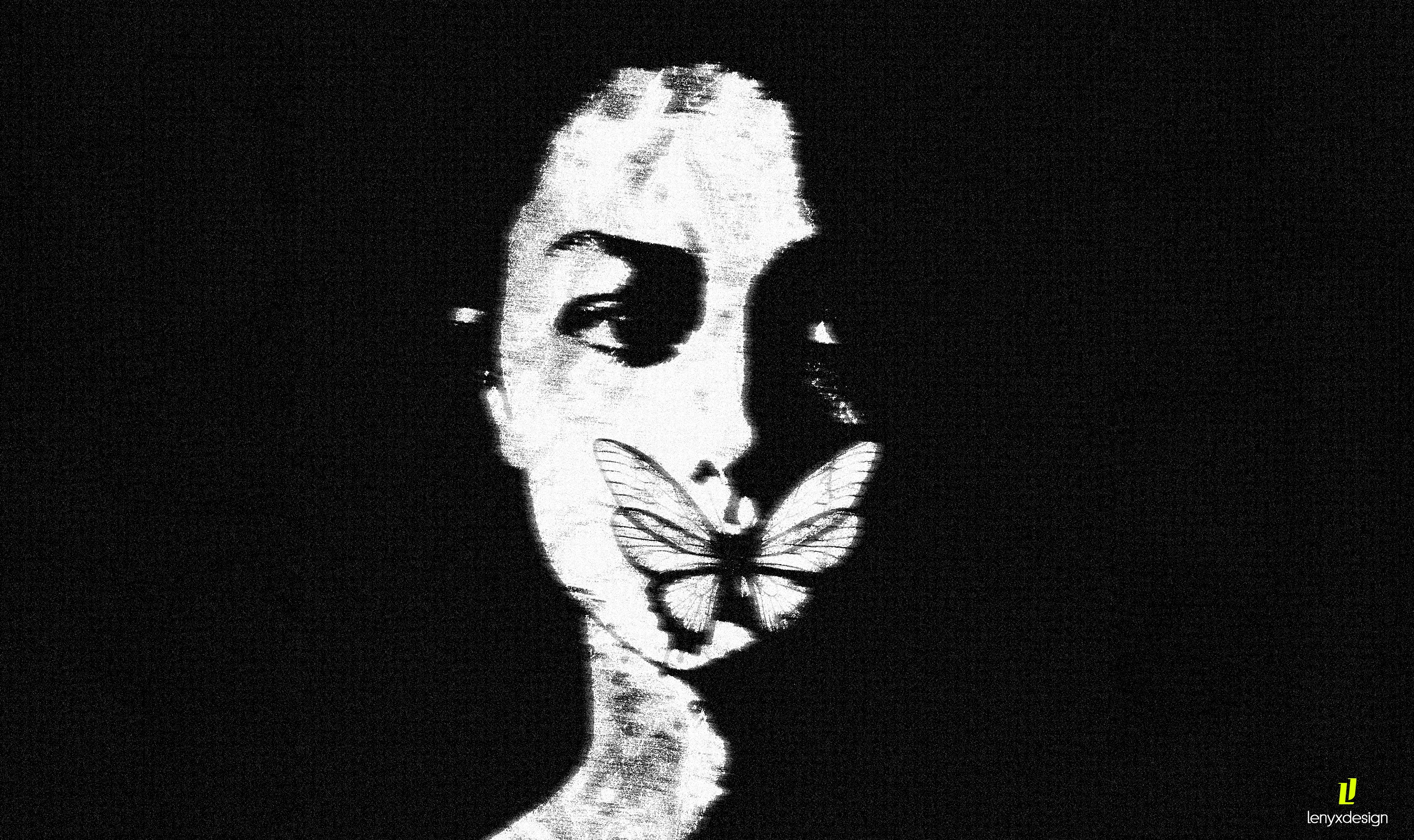 Distorted monochrome artwork of a face with a butterfly HD Wallpaper