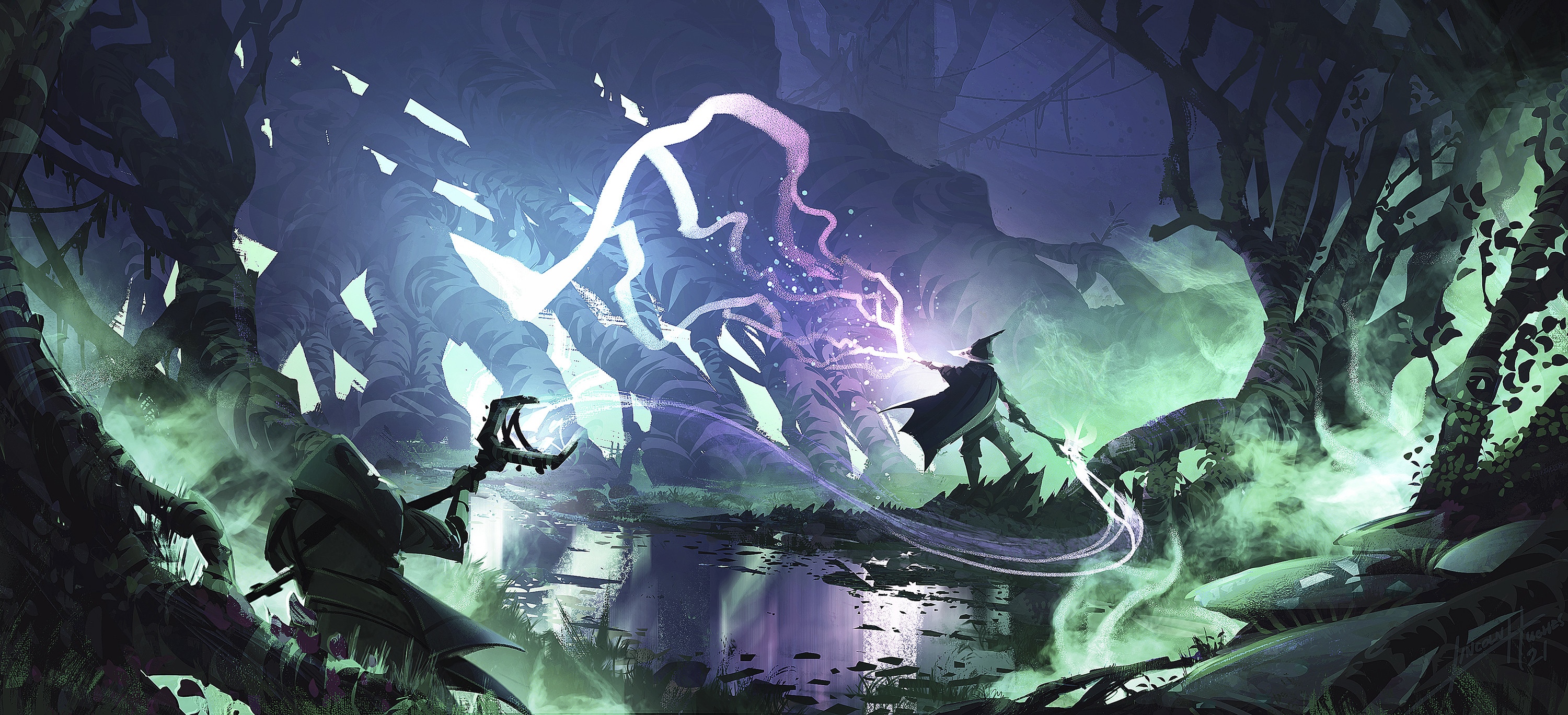 Two wizards casting magic in a dark fantasy forest HD Wallpaper