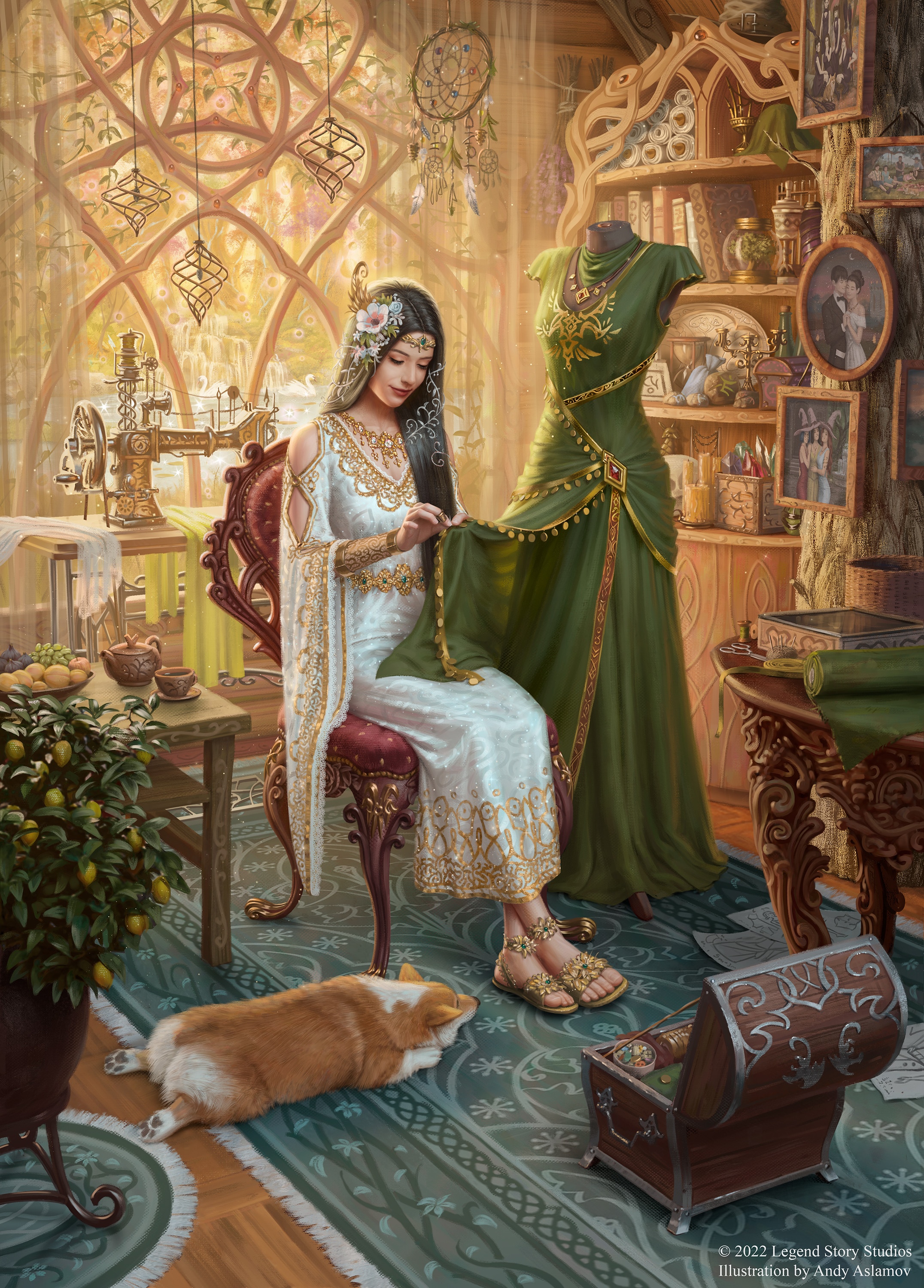 Fantasy art of a woman sewing a green dress HD Phone Wallpaper