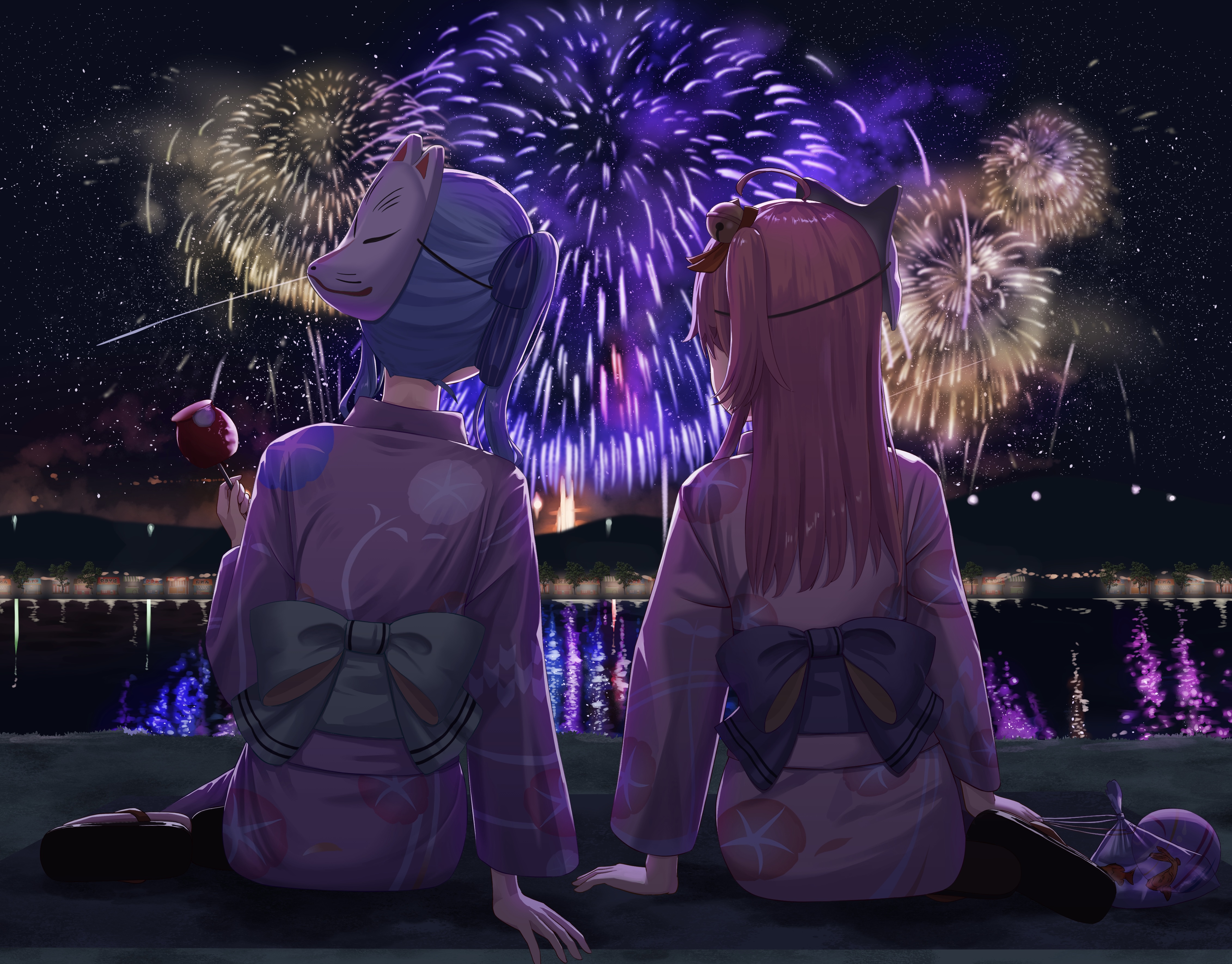 4K Hoshimachi Suisei and Sakura Miko watch fireworks HD Wallpaper