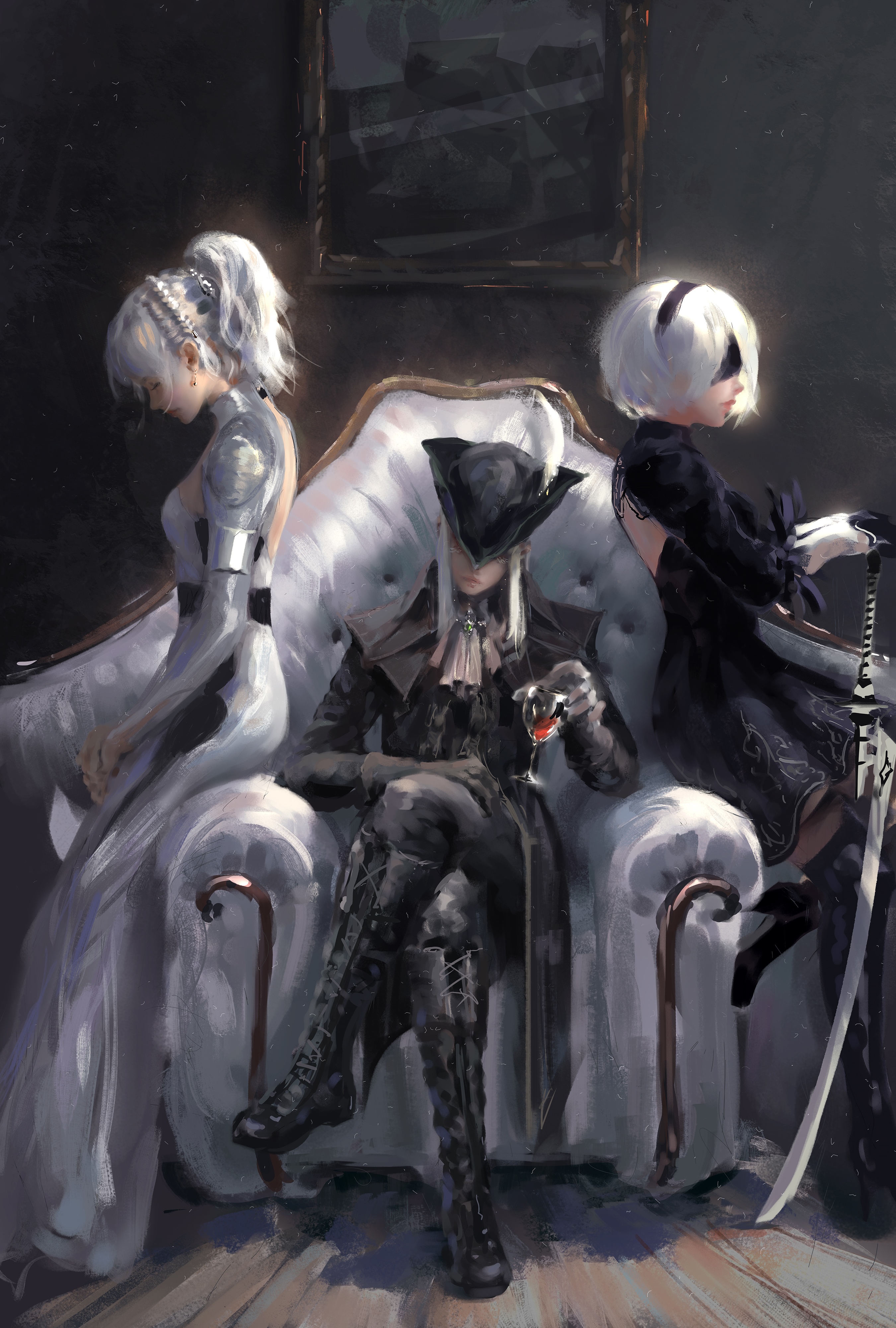 Lady Maria, 2B, and Luna on a Throne HD Phone Wallpaper