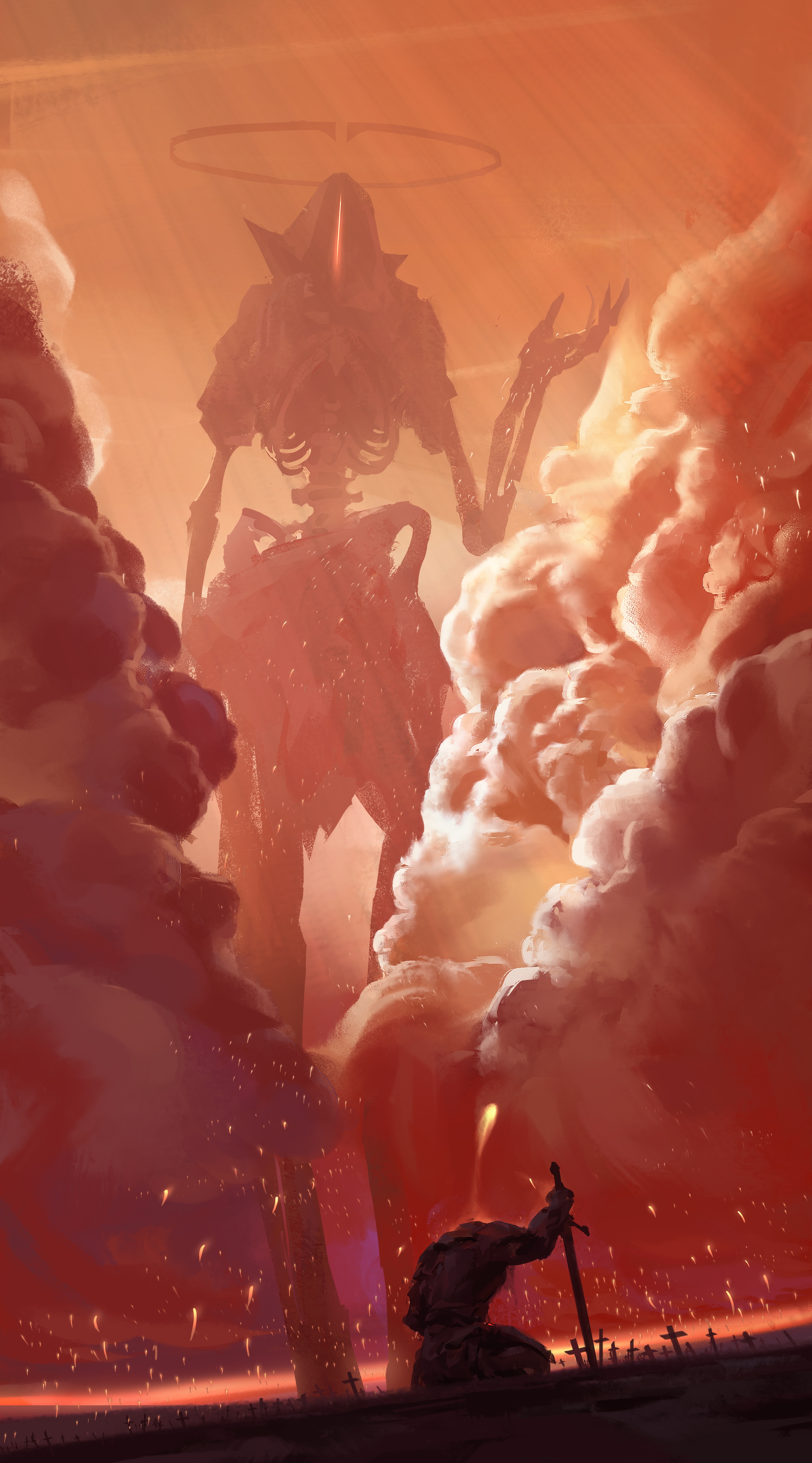 Artwork by WLOP: Giant skeletal figure and kneeling warrior HD Phone Wallpaper