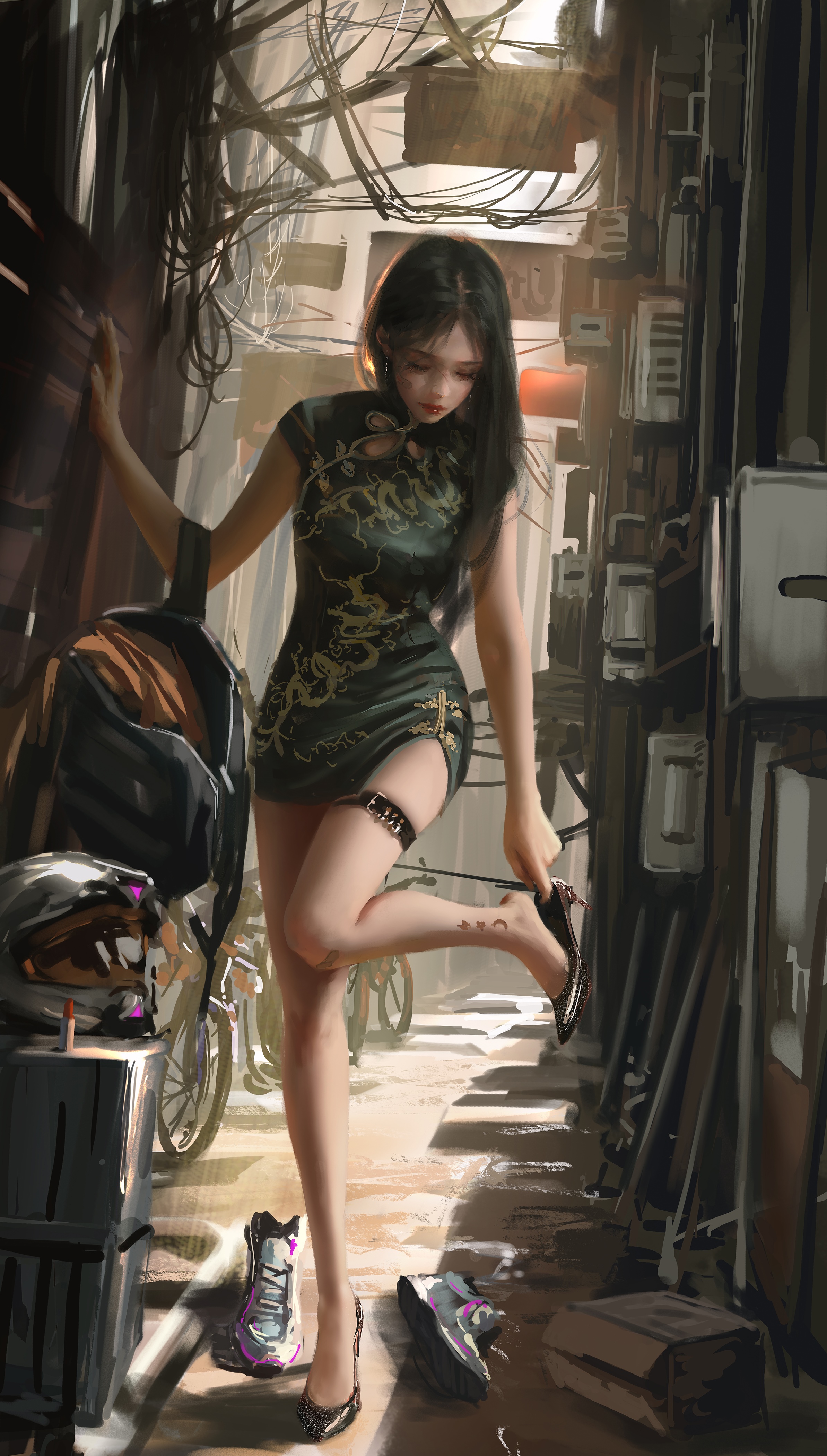 Woman in Chinese dress in alleyway HD Phone Wallpaper