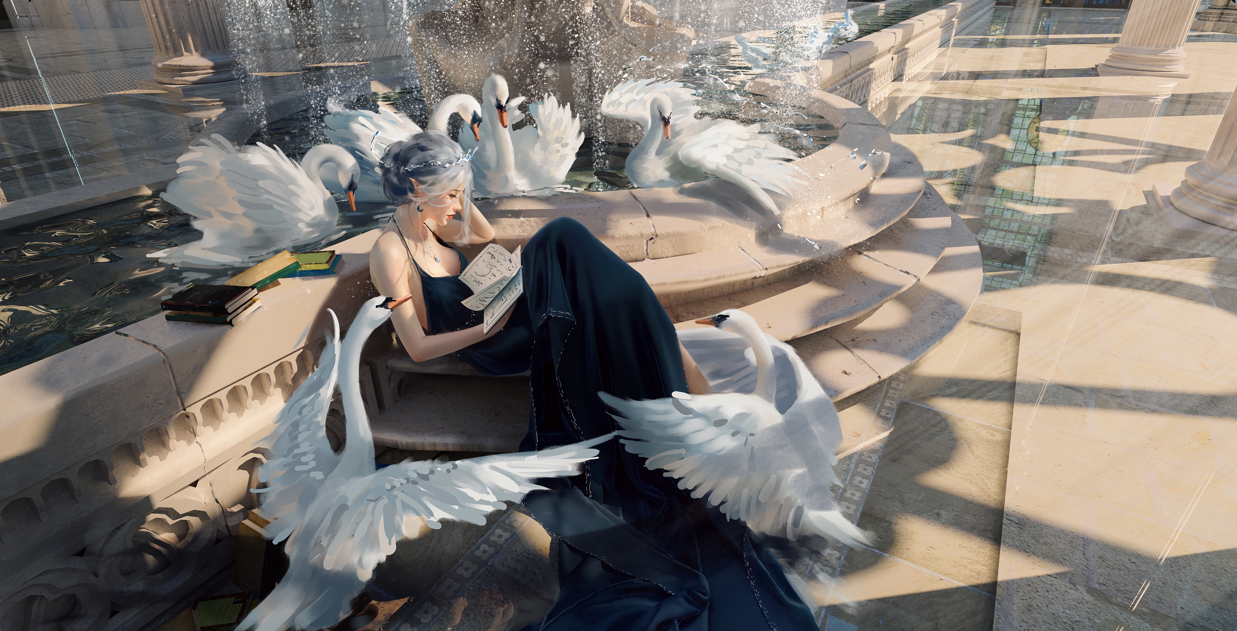 4K WLOP artwork of a princess with swans HD Wallpaper