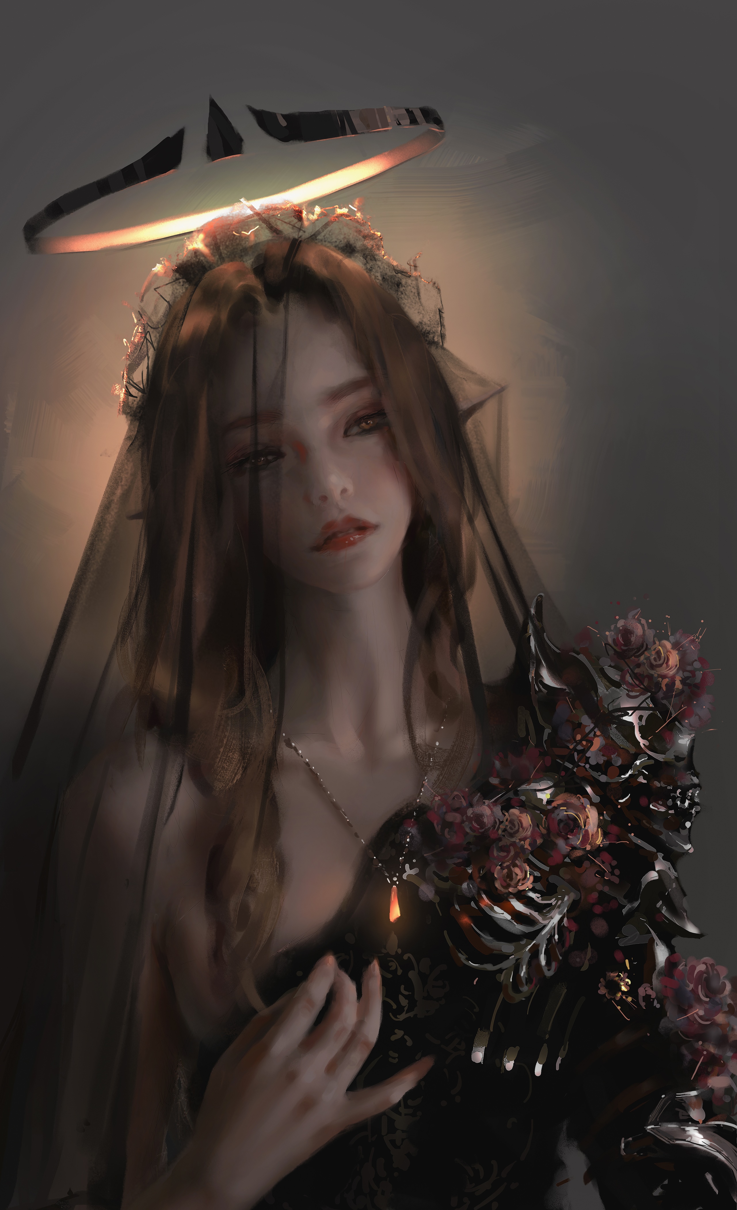 Woman with dark veil and ornate armor HD Phone Wallpaper