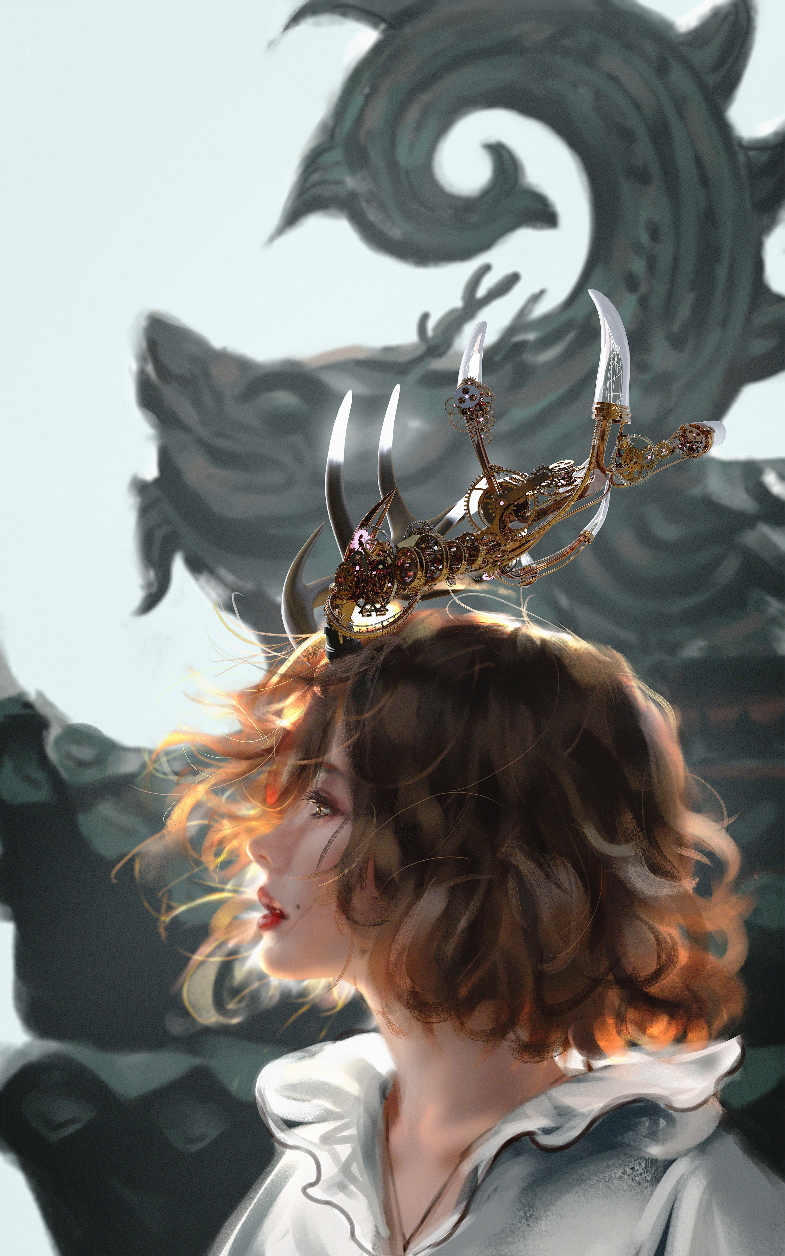 Woman with Steampunk Horns and Dragon Background HD Phone Wallpaper