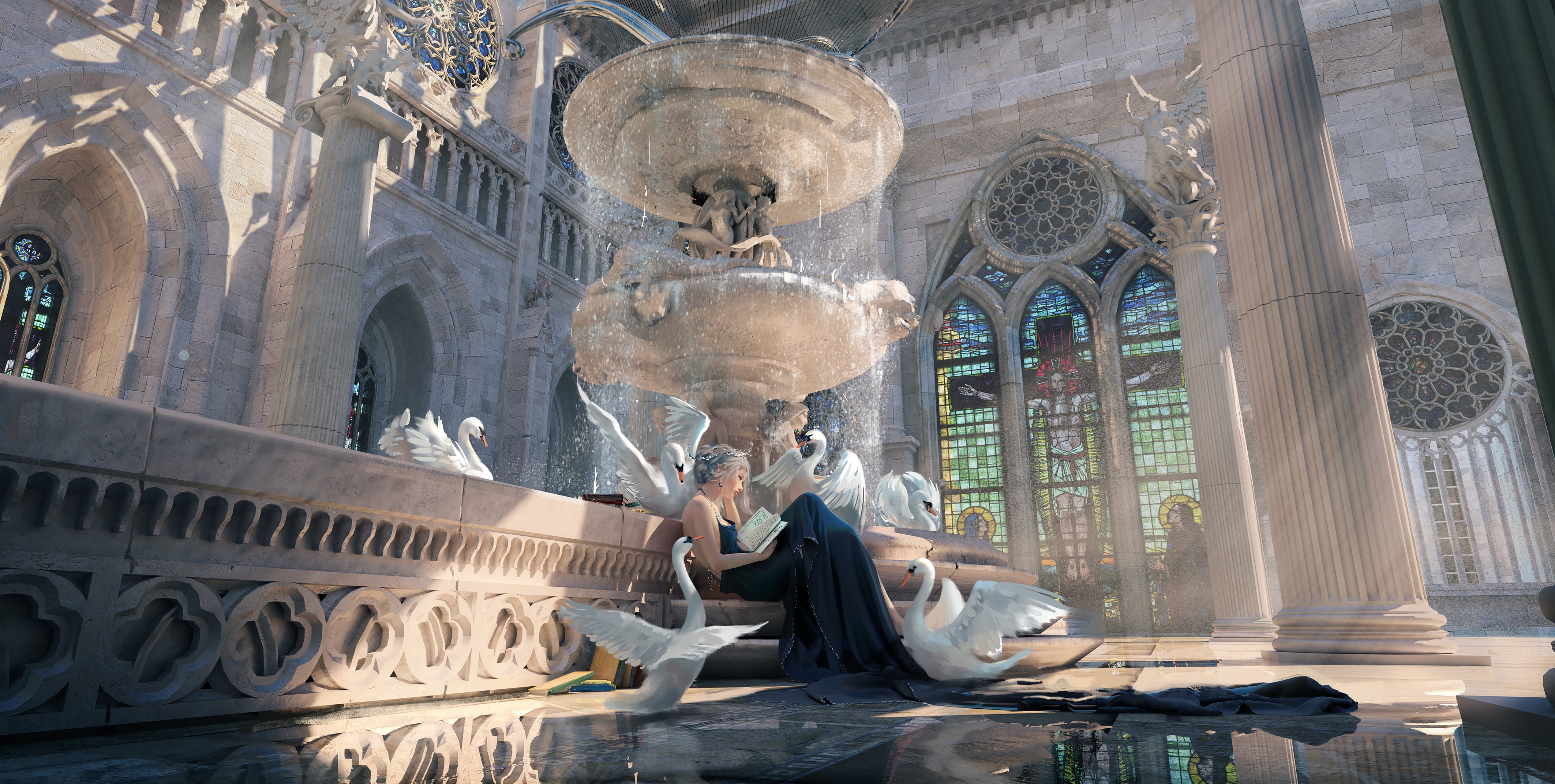 4K WLOP Ghostblade Princess with Swans HD Wallpaper
