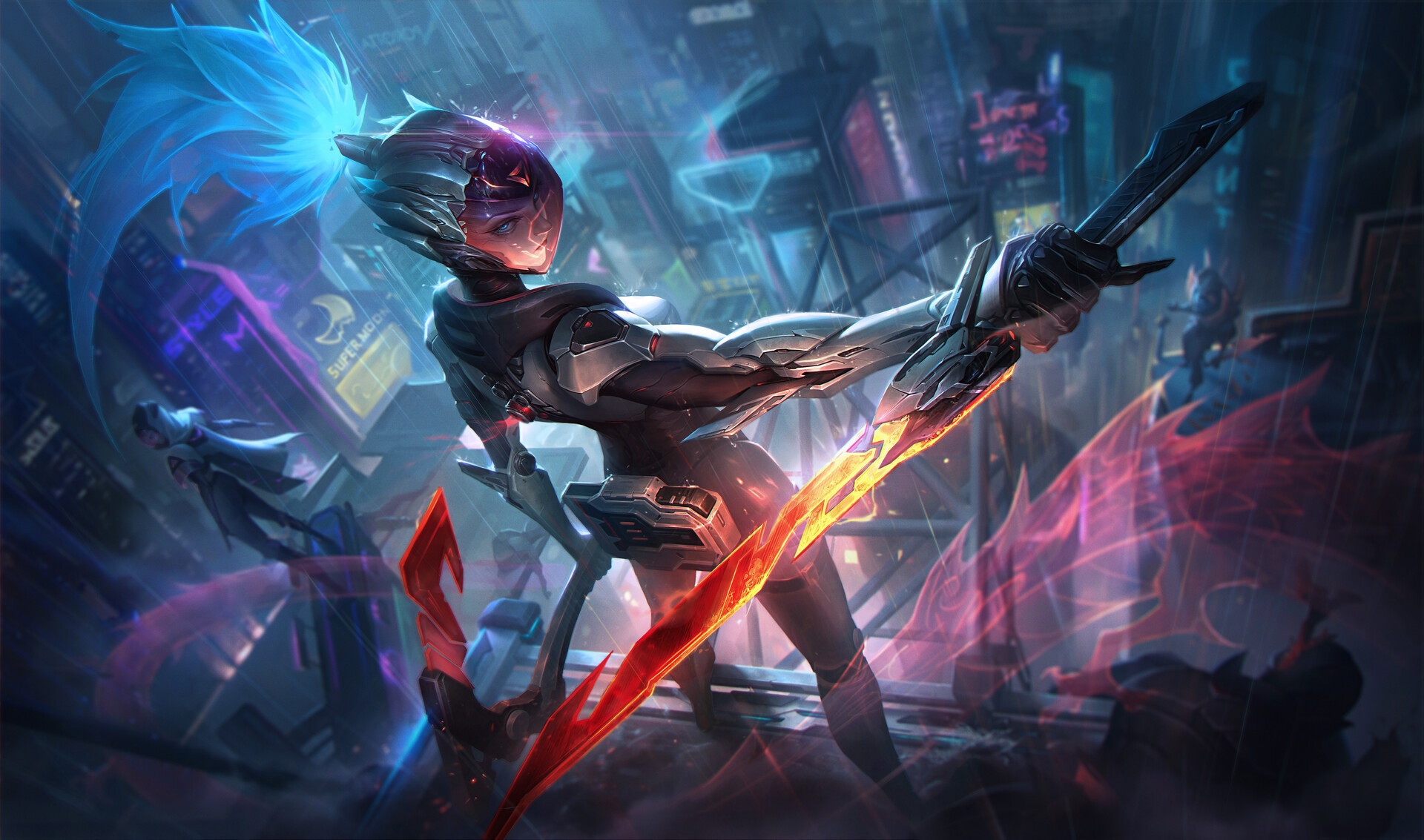 Akali with glowing blades in a futuristic city HD Wallpaper